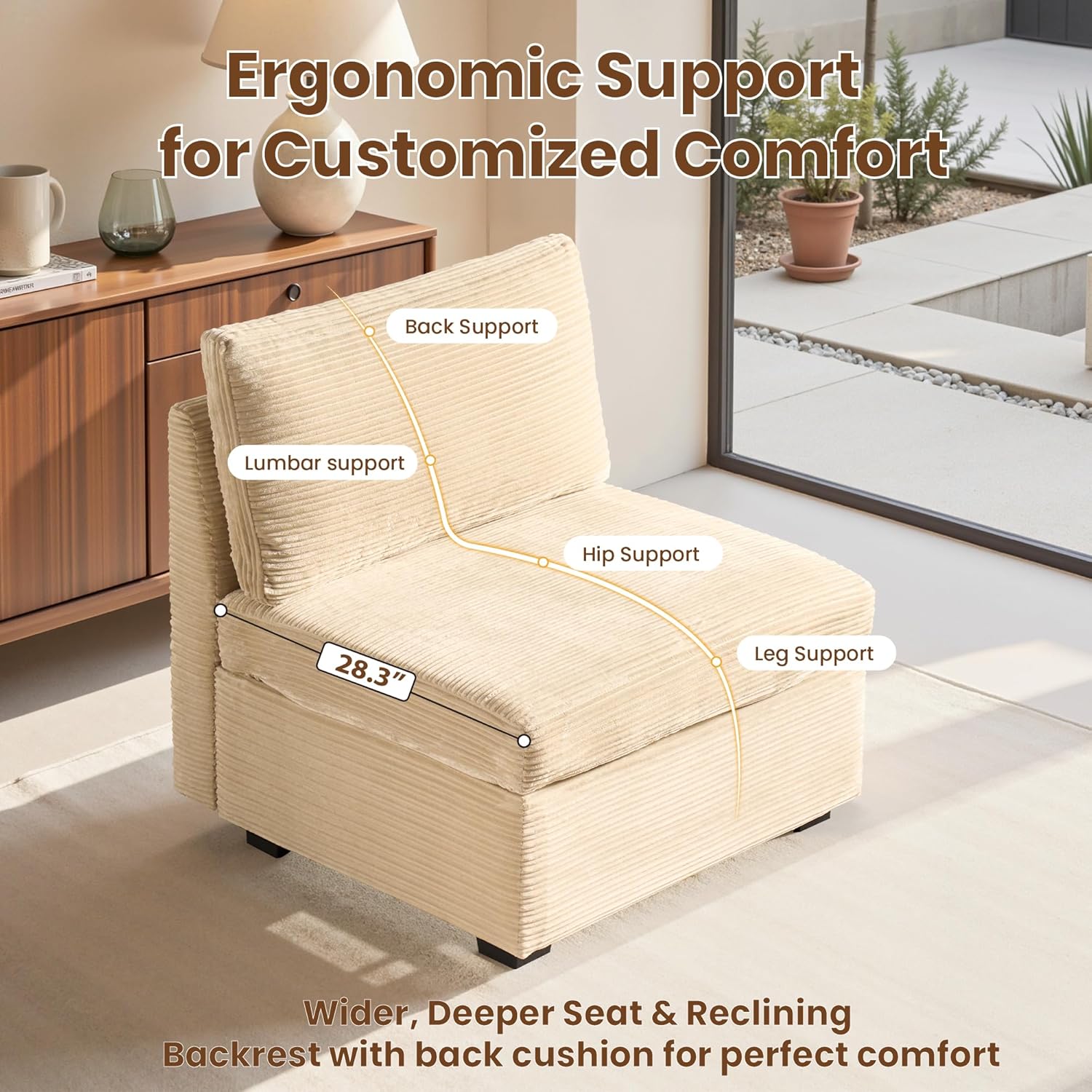 Modular Sofa Middle Seat, 32.7'' Armless Chair for Cloud Sectional Couch, Plush Corduroy Deep Seat L/U/V Shape Sofa Sets or Sleeper Bed Apartment Living Room Furniture