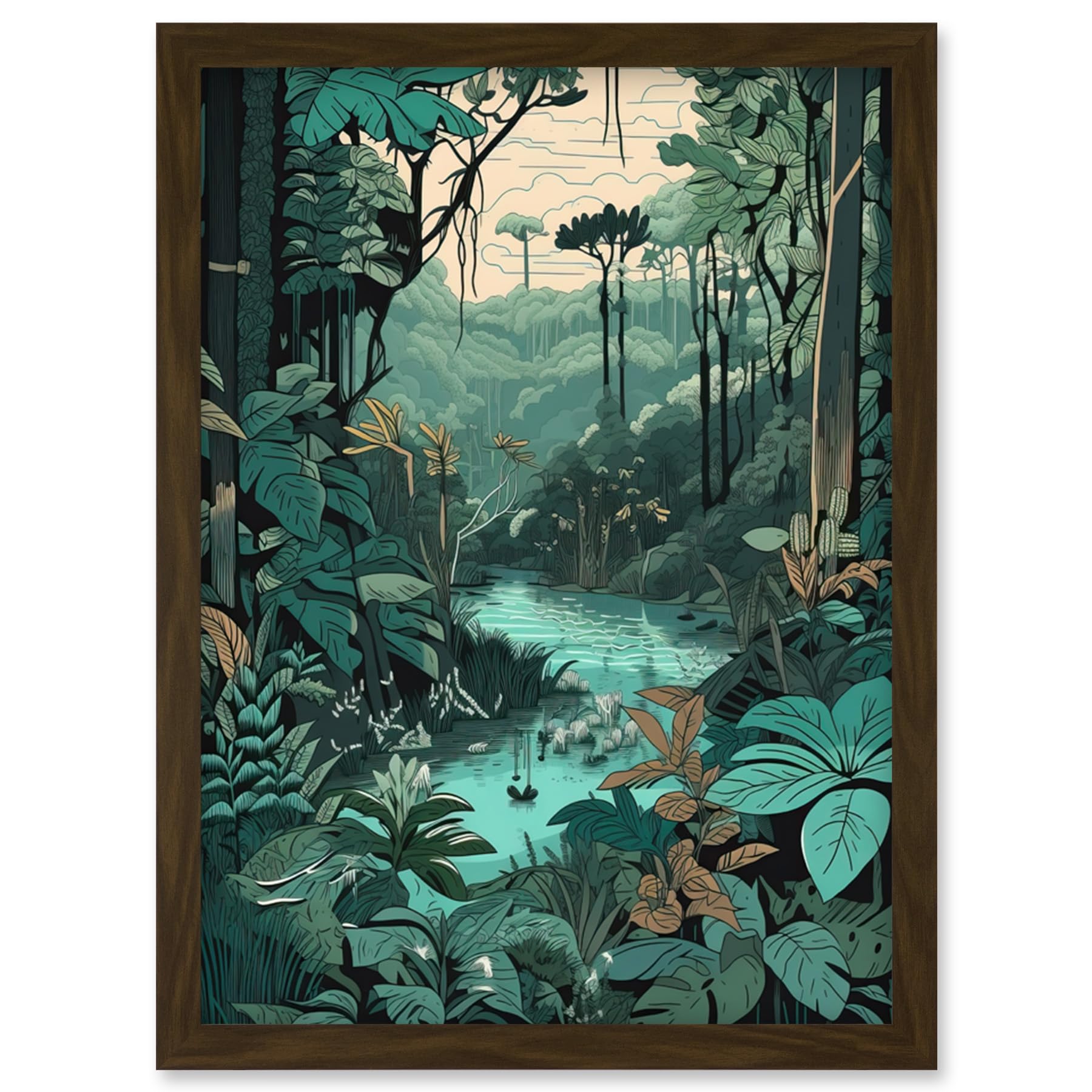 Artery8 Amazon Rainforest Flora Landscape Illustration Artwork Framed Wall Art Print A4