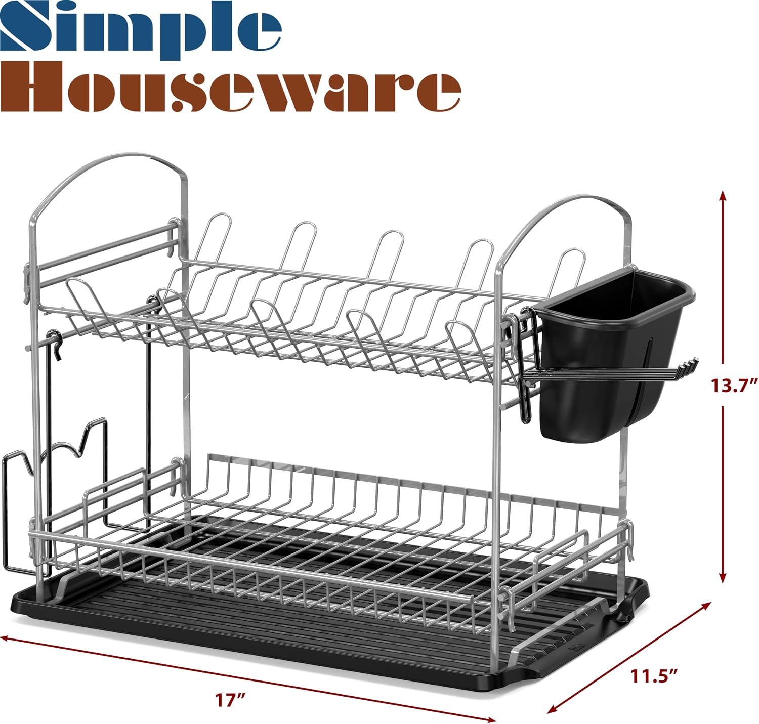 Simple Houseware 2-Tier Dish Rack with Drainboard, Silver image 2