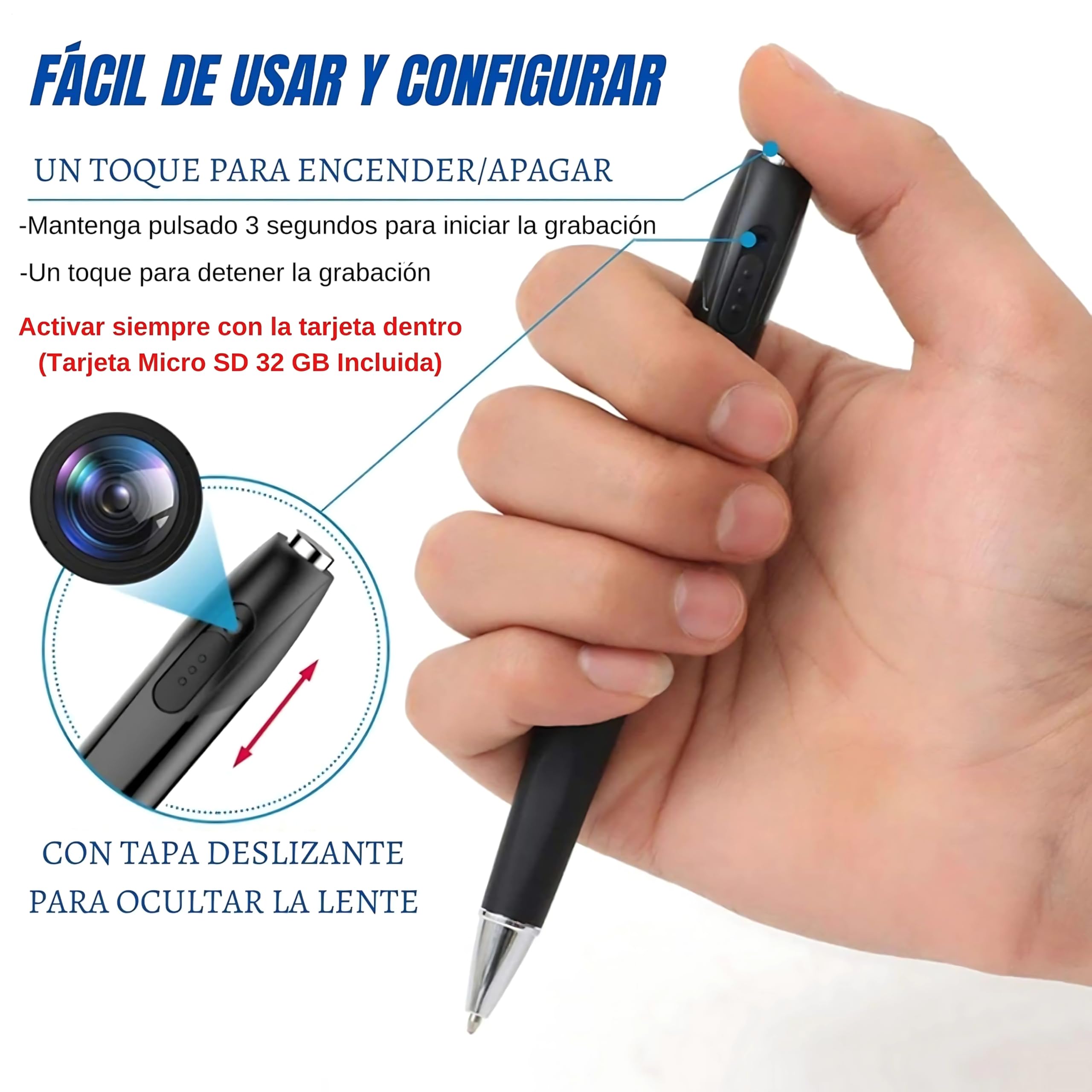 Mini Camara Espia Oculta Camuflada Bolígrafo, Camara de Vigilancia sin Cables (Pack Premium 2MP Super HD con MicroSD 32GB U3, Lector LED y 10X Recargas de Tinta) Grabación en Bucle, 128GB MAX.