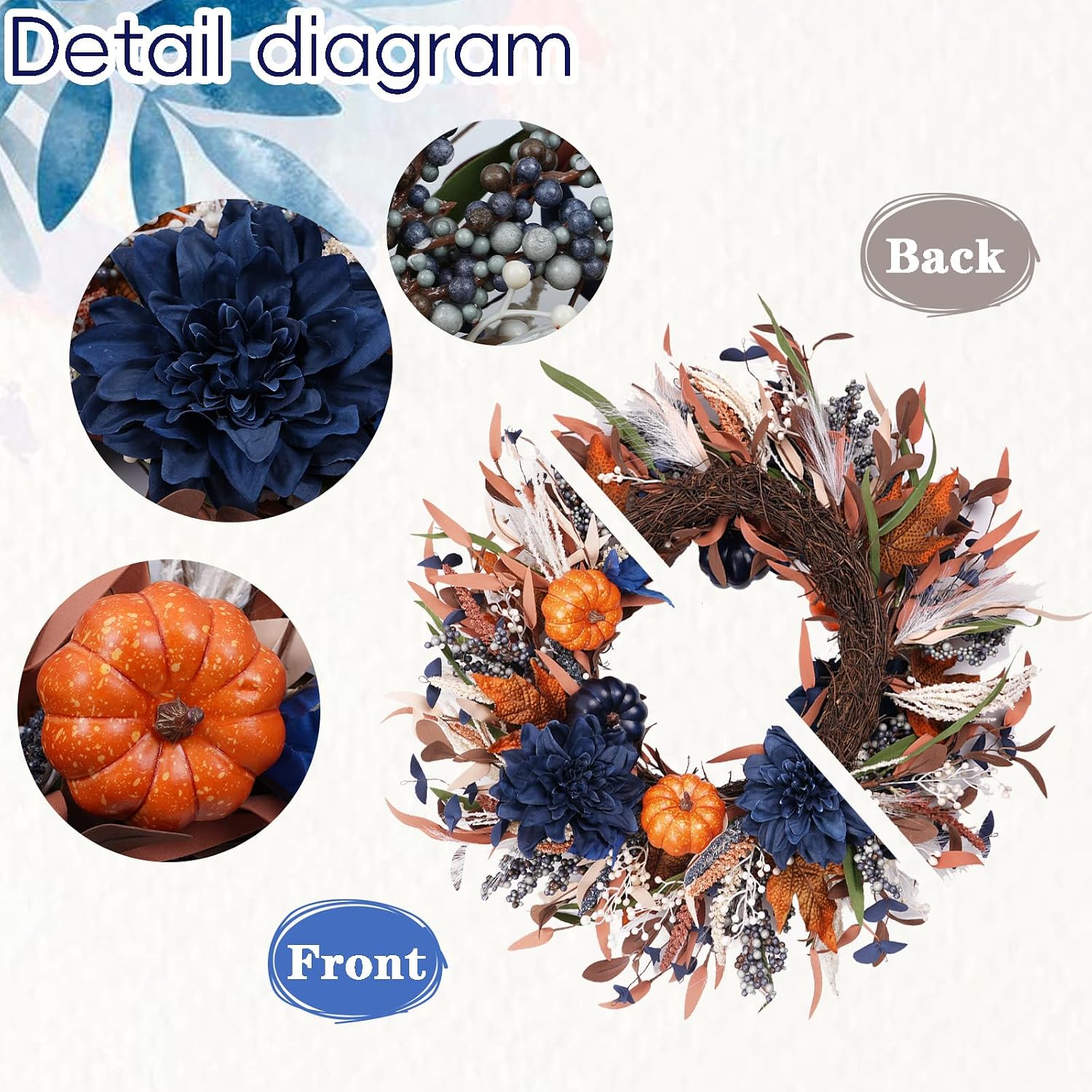 24 Inch Fall Blue Wreath with Dahlia Pumpkin for Front Door