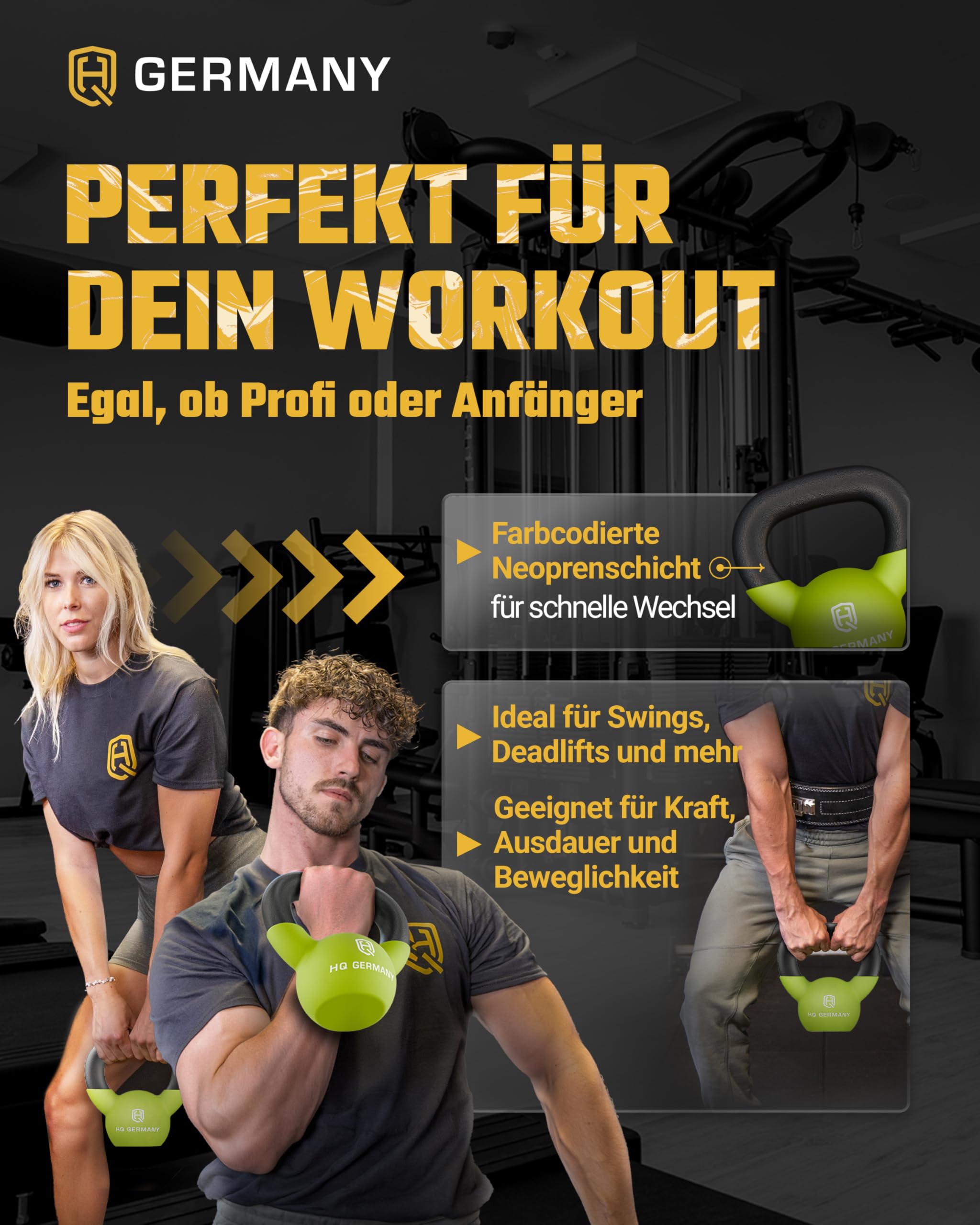 HQ Germany® Kettlebell Neopren [optimaler Bodenschutz] - Kugelhantel 2-32kg | Einteiliger Gusskern, pulverbeschichteter Griff, ±2% kalibriert, ergonomisch je Gewicht, Neoprenschicht