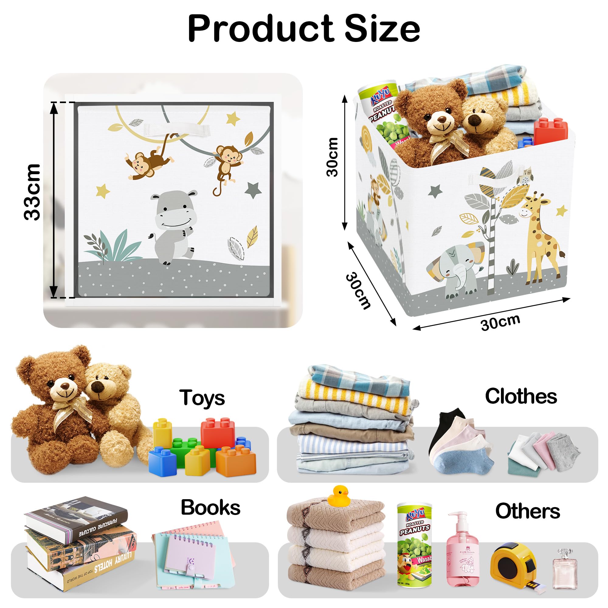 HUUMONSS 11.8" Tropical Animals Storage Cube Organizer Set 3Pcs Clothes Storage Basket Bin for Closet Shelf Elephant Giraffe Zebra Nursery Kid Room Book Toy Chest - Image 2