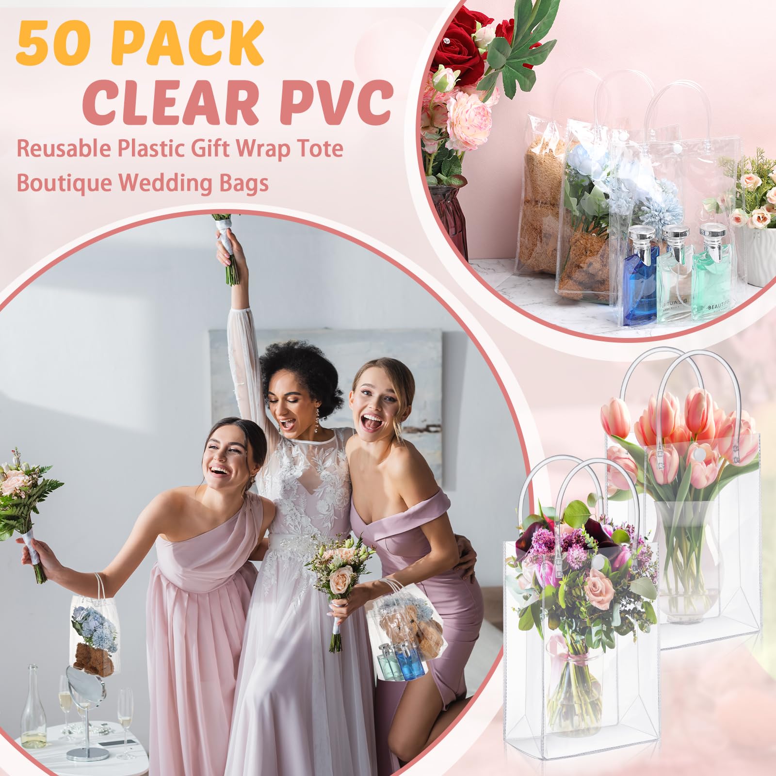 LEIFIDE 50pcs Clear Plastic Gift Bags with Handles PVC Reusable Transparent Totes Bags for Goodie Candy School Birthday Party(7.1 x 9.4 x 3.1 Inch)