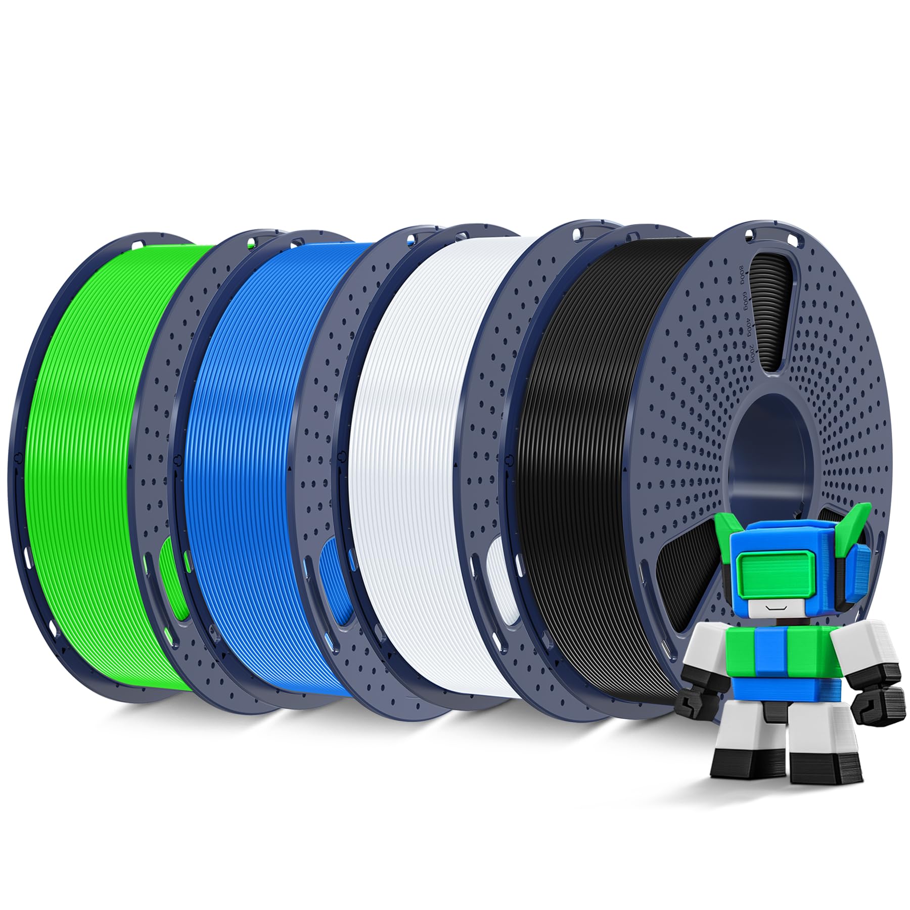 SUNLU 4KG Hohe Geschwindigkeit PLA Filament, Schwarz+Weiß+ Kleinblau+Grün | Rapid PLA mit 50–600 mm/s, 3D Drucker PLA Filament mit Hoher Fließfähigkeit, Entwickelt für Schnelles 3D Drucken, 4 Packs