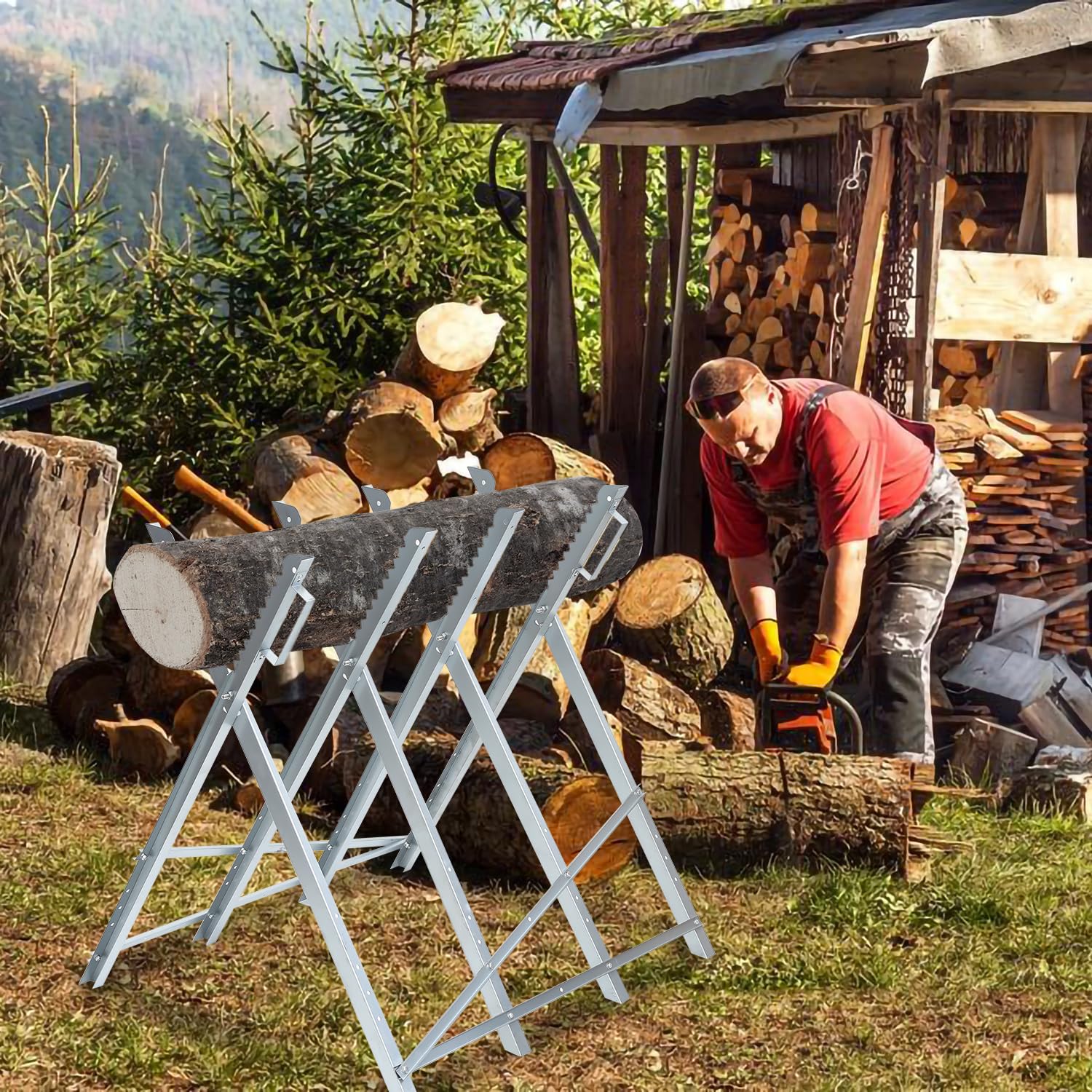 Chevalet de sciage en bois galvanisé - Pliable - Avec support de tronçonneuse - Charge maximale : 150 kg - Convient pour les scieries et ateliers