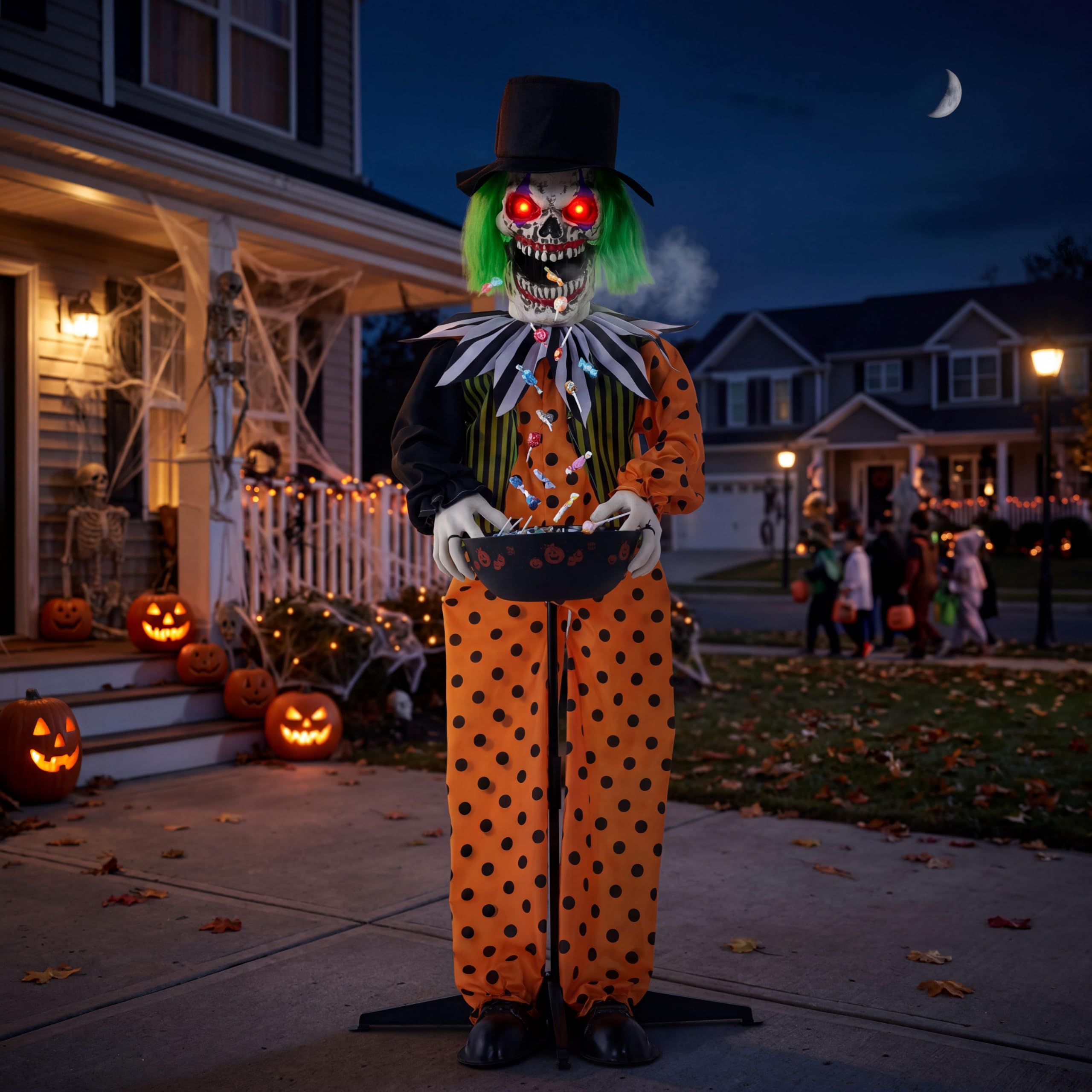 Joyin Colorful 55" Halloween Animatronic Clown Trick-Or-Treat Decor, Sound Activated Life-Size Prop With Candy Spitting Action, Animated Skeleton Clown With Bowl, Scary Haunted House Props For Garden Yard Lawn