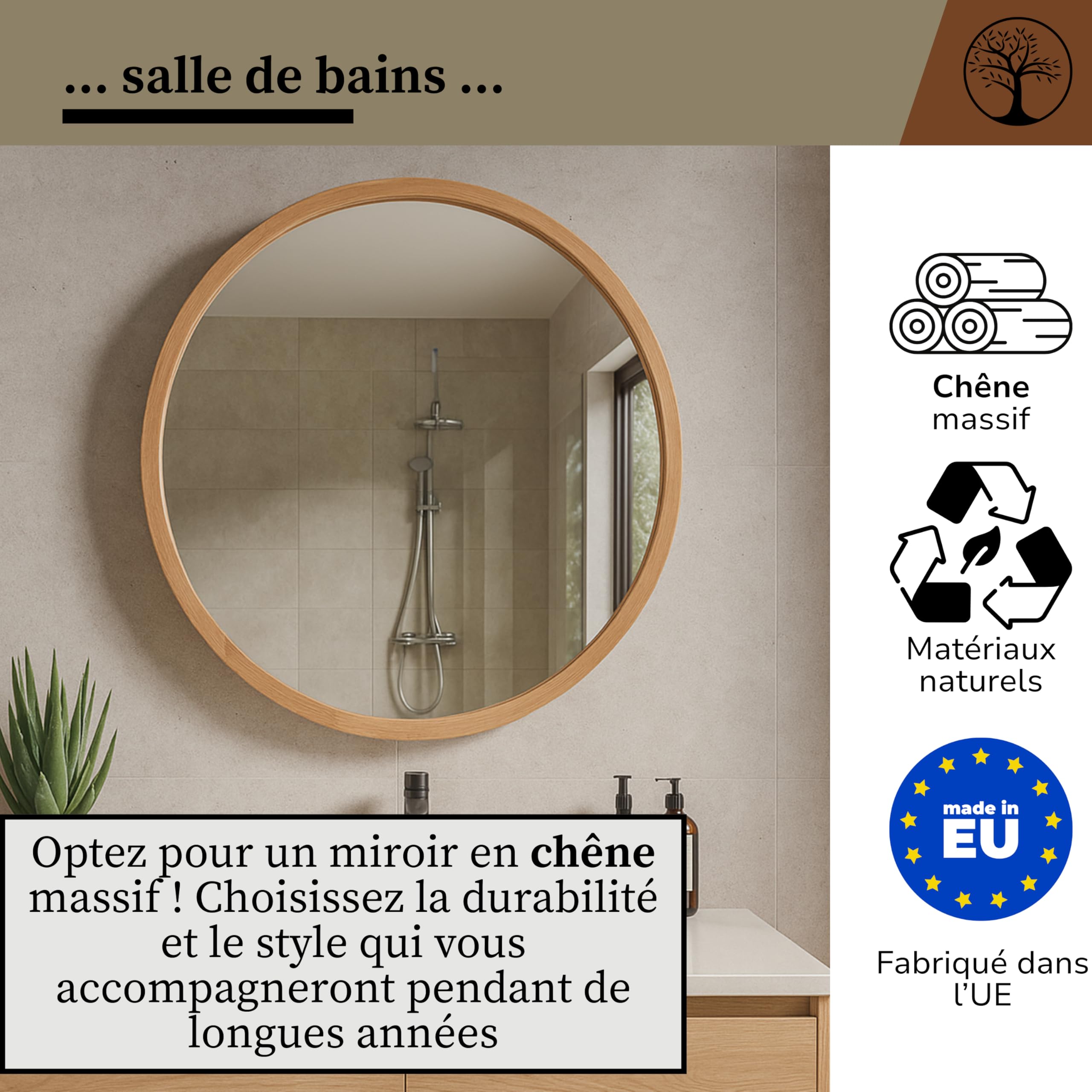 LEJA – Miroir Mural Rond, Cadre en Bois (∅80 cm), chêne – pour Salle de Bain, entrée, Salon, Chambre