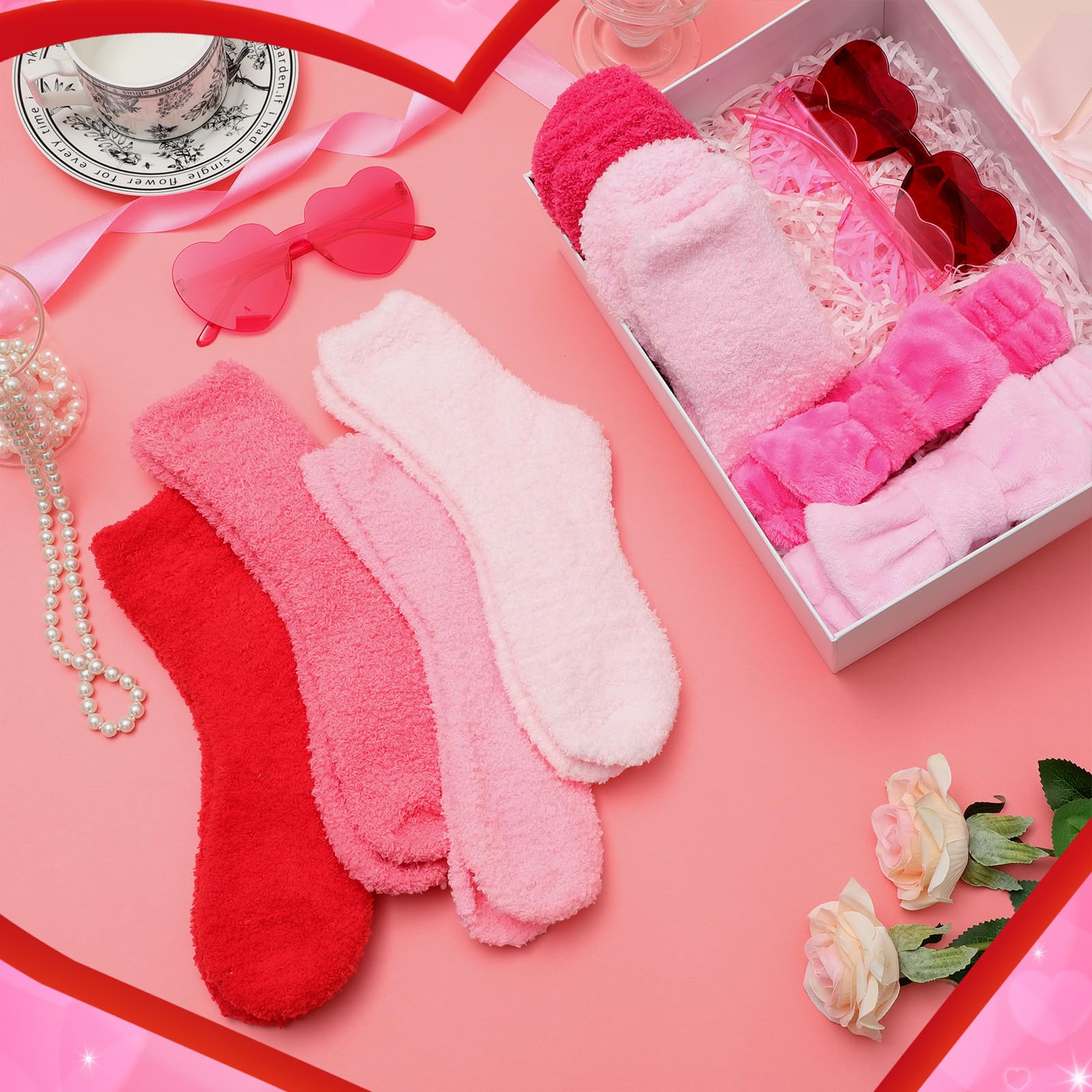 12 Sets Galentines Gifts Bulk for Girl Women Valentines Day Gifts Pink Heart Rimless Sunglasses Spa Bow Headband for Washing Fluffy Soft Socks Spa Sleepover Party Favor
