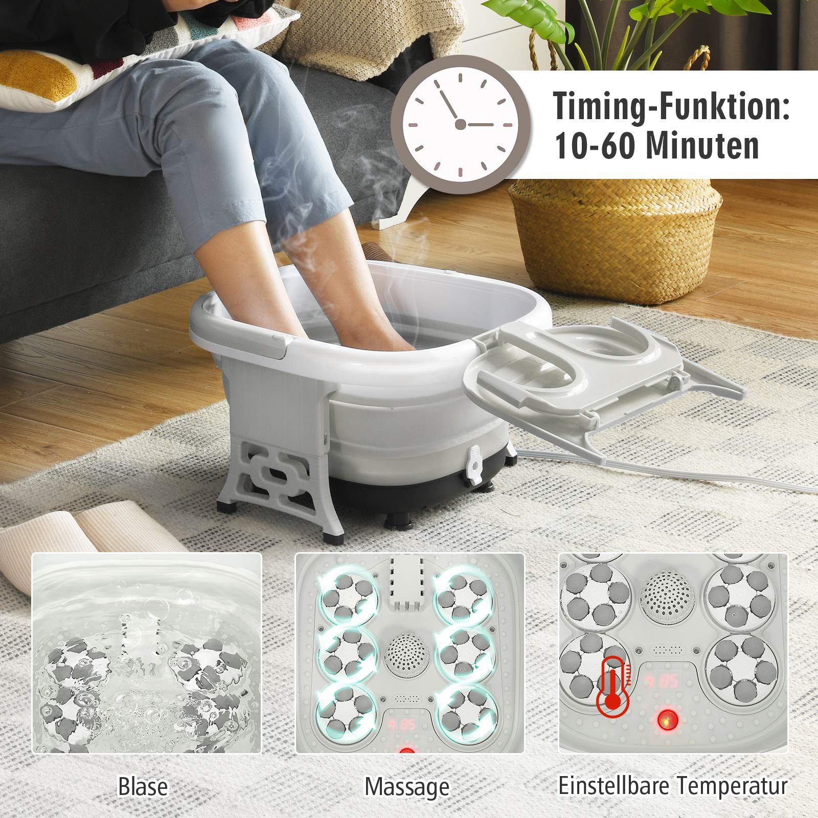 COSTWAY Fußbad Massagegerät klappbar, Elektrische Fußbadewanne Heizung Shiatsu Rollen Fußmassage Spa / 10-60min Timer / 36-48℃ / 500W / Fernbedienung (Grau)