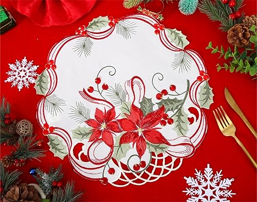 Juego de 4 manteles individuales navideños bordados con flores navideñas para decoración del hogar, comedor, mesa de Navidad, 14 pulgadas, redondos