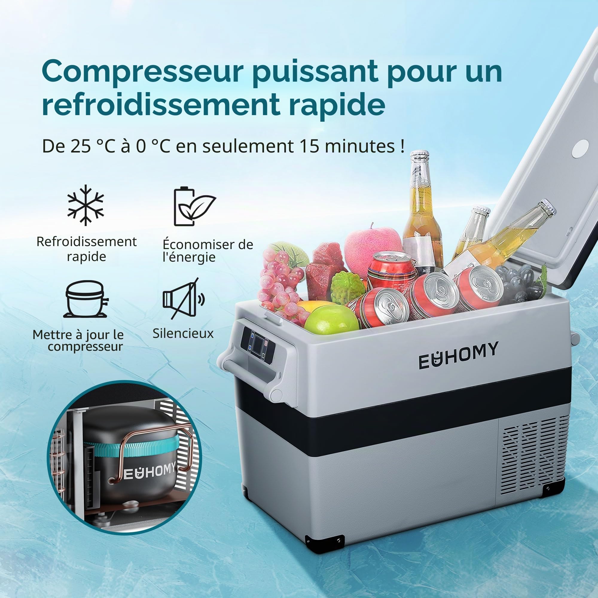 Euhomy Glaciere Electrique 40L, Frigo 12v Glacière à Compression Avec App, Glacière Électrique 12v 220v -20°C à 20°C, Mini Frigo Portable, Frigo Camping Pour Voiture, Camping, Voyages Et Camions