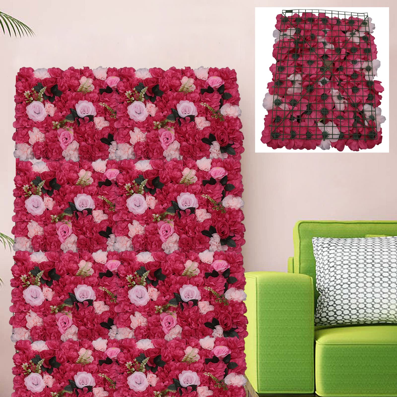 Blumenwand Wandpaneel 12 Stück Blumen Pflanze künstliche Blumenkulisse Rose Panel für DIY Hochzeit Party 60 * 40cm (Rosarot)