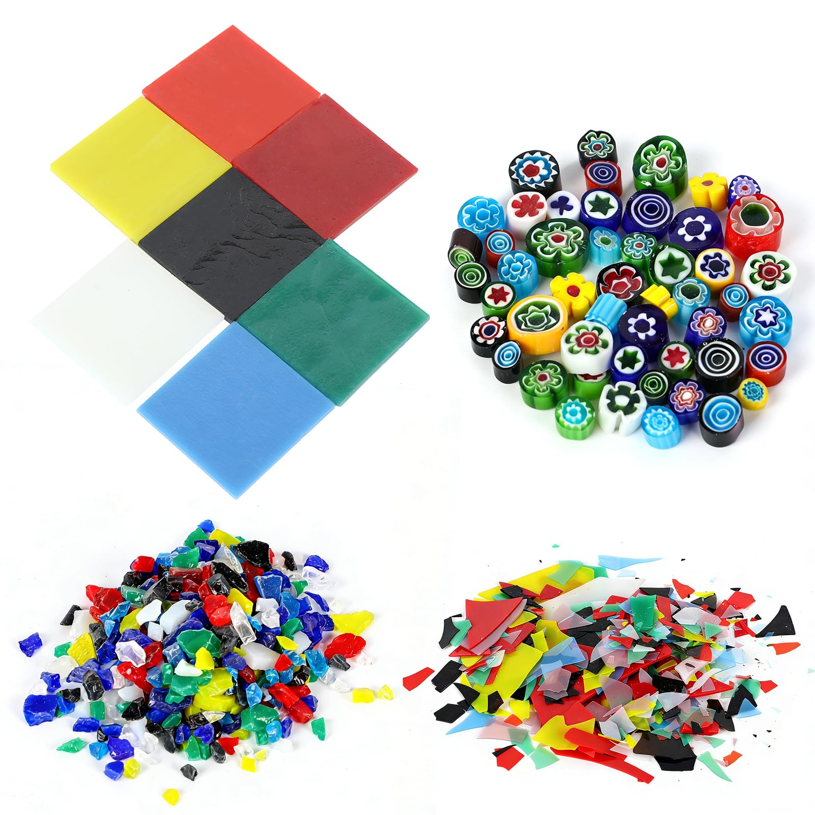4 Beutel (112g) COE90 Farbglas für Mikrowellenofen, Millefiori-Glas, Grobes Glasfrit, Confetti Glas, verschiedene Glasreste, ideal für DIY-Projekte, Mosaik- & Schmuckherstellung sowie Glasmalereien