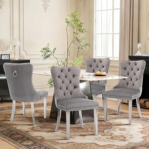 Miniatura 117 de Juego de 6 sillas de comedor de cuero, sillas laterales con respaldo alto, silla lateral tapizada moderna con anillo trasero de botón, patas de negro