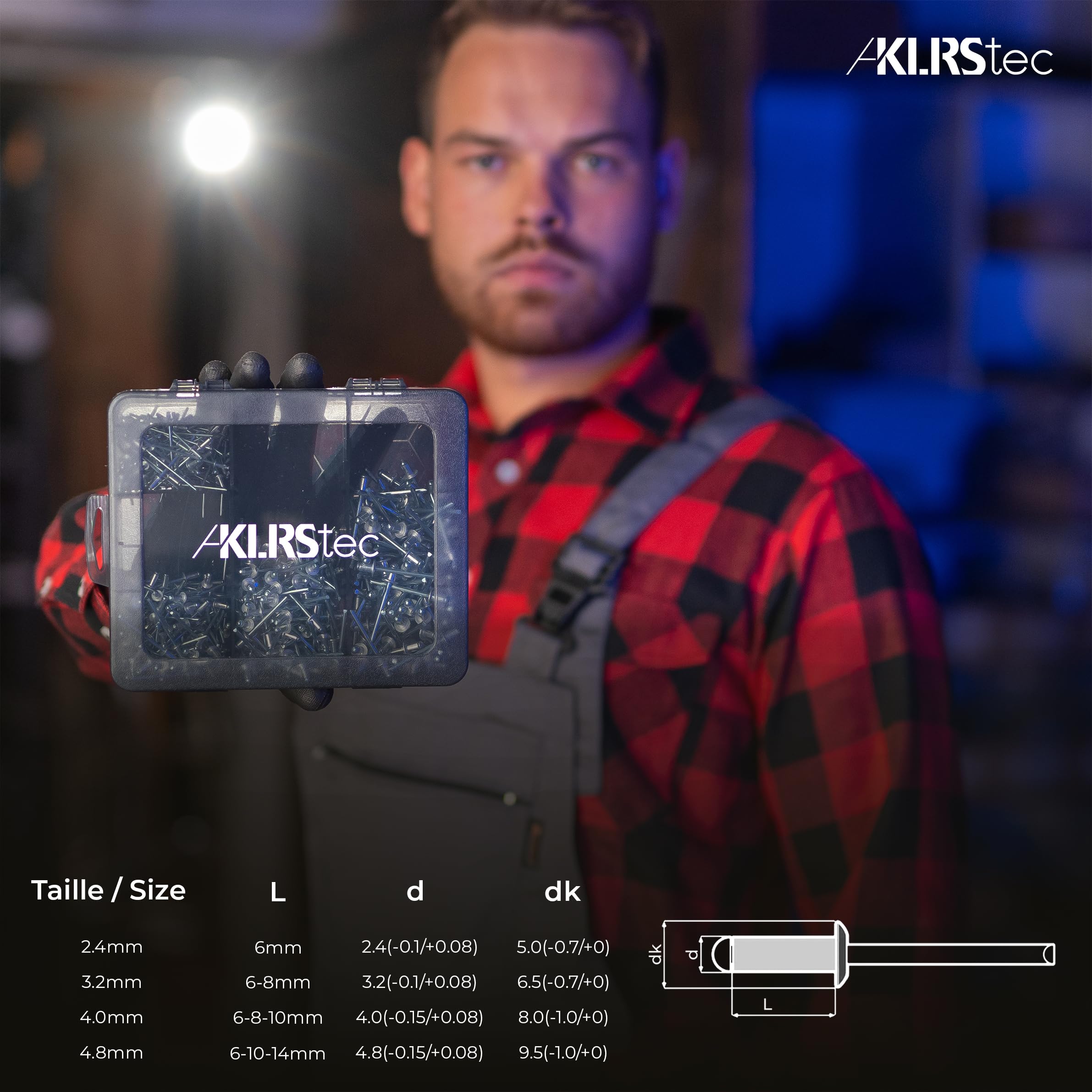 KLRStec Professional Kit de Rivets Aveugles [500pcs] Aluminium/Acier Kit d'Assortiment de Rivets Pop pour Pince a Rivet Pop 125 Pièces de chaque taille (2,4mm, 3,2mm, 4,0mm et 4,8mm)