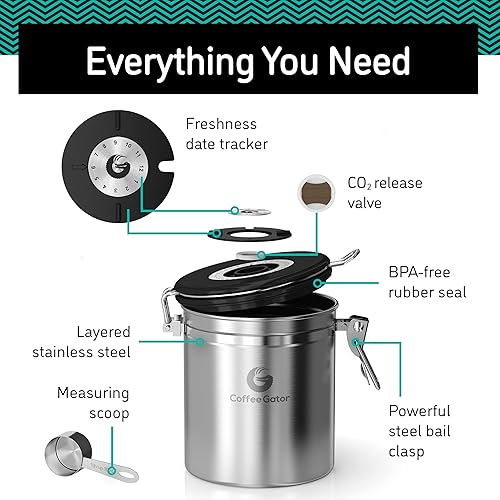 Miniatura 4 de Coffee Gator - Recipiente para café en grano y molido de acero inoxidable lata con dispositivo para registrar la fecha válvula de liberación de CO2