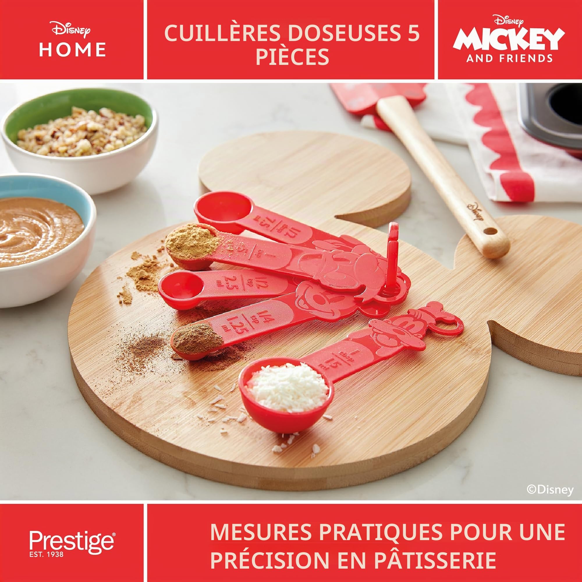 Prestige Lot de 4 ustensiles de cuisine Disney Bake with Mickey Mouse avec cuillères à mesurer, spatule en silicone, rouleau à pâtisserie et emporte-pièce