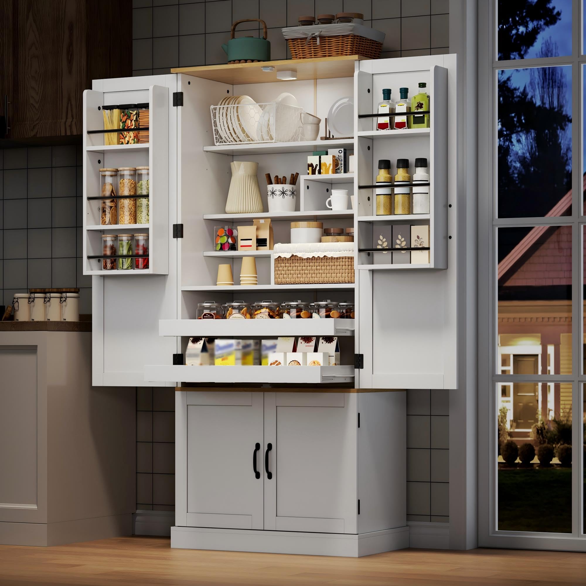 Merax Küchenschrank mit LED, Vorratsschrank mit 4-Türiger, 2 Schublade und Gewürzregal, Buffetschrank mit Höhenverstellbaren Einlegeböden, Küchenbuffet für Küche, 80×40×180cm, Weiß