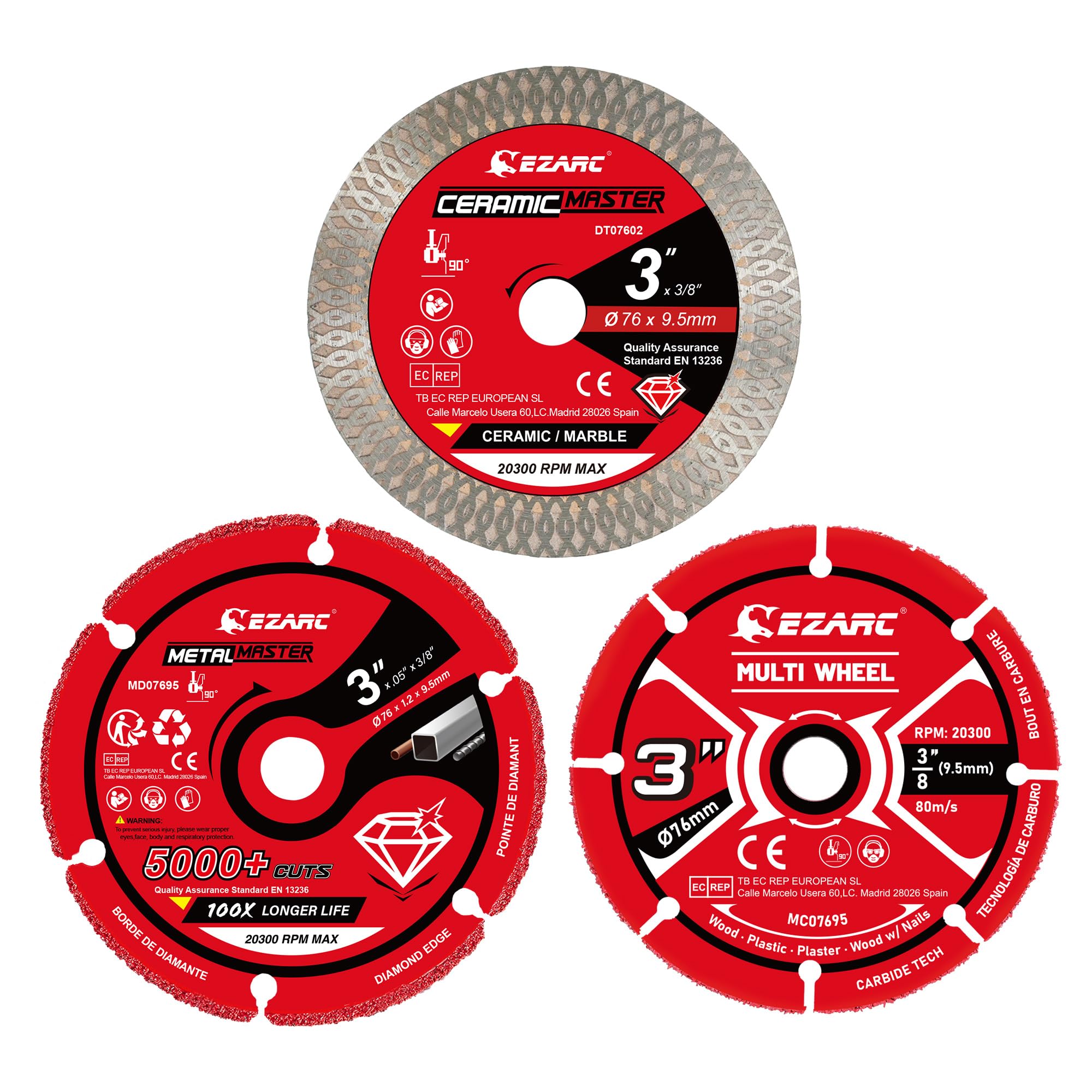 EZARC 3 Inch Cut Off Wheel Set for Angle Grinder, 3 Pack with Diamond Metal Cutting Wheel, Carbide Cutting Disc, Super Thin Diamond Tile Blade, Cut for Metal, Wood, Plastic, Marble Tile, 3/8" Arbor
