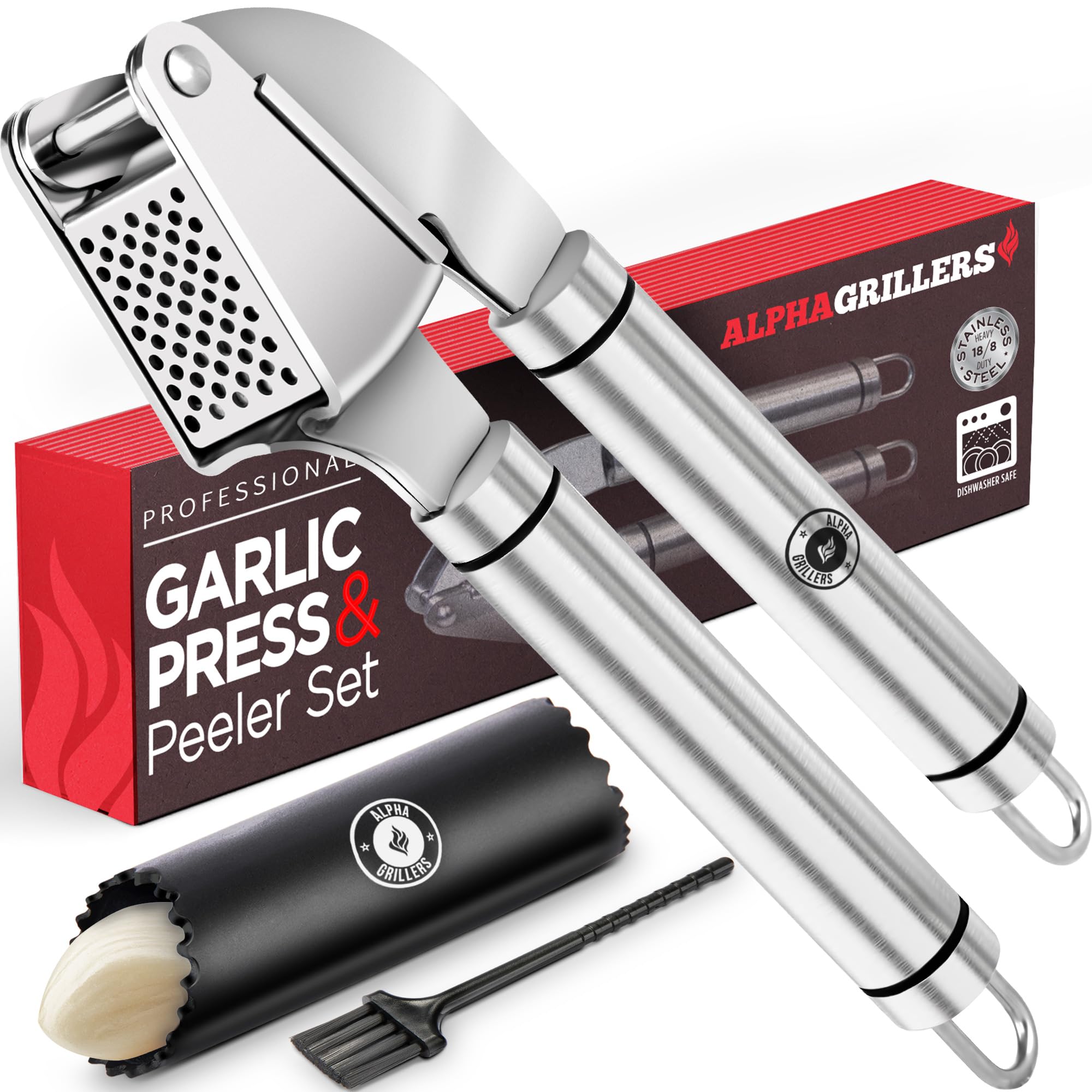 Alpha Grillers Garlic Press Stainless Steel - Easy to Clean, Rust-Proof, Dishwasher Safe - Stainless Steel Garlic Press, Mincer, Crusher with Silicone Peeler & Cleaning Brush