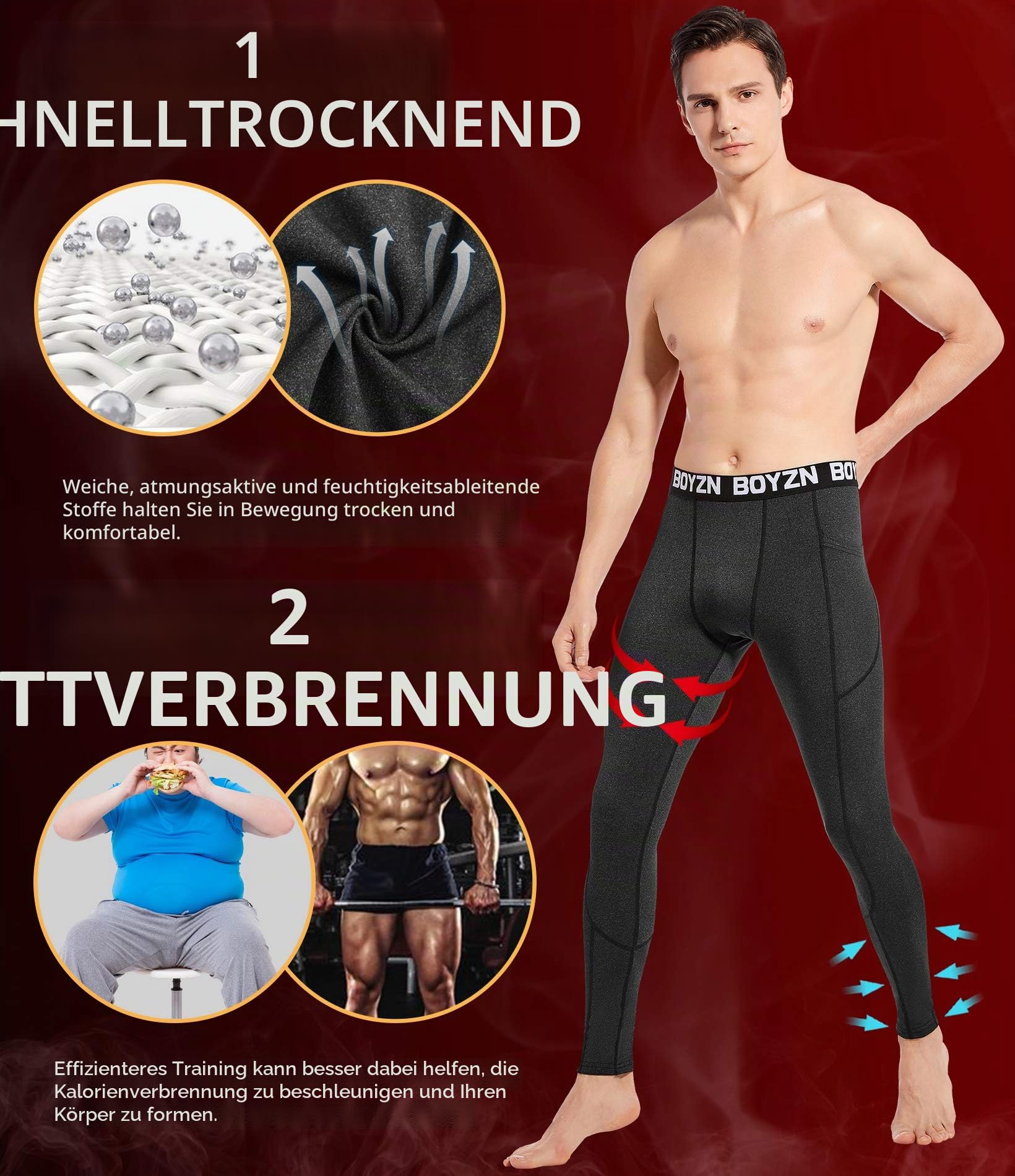 Boyzn 1 or 2,3 Pack Kompressionshose Herren, Funktionsunterwäsche Sport Leggings für Herren, Laufhose Unterhose Lang Strumpfhose Fitness Tights mit Taschen/Ohne Tasche für Laufen Radfahren Basketball