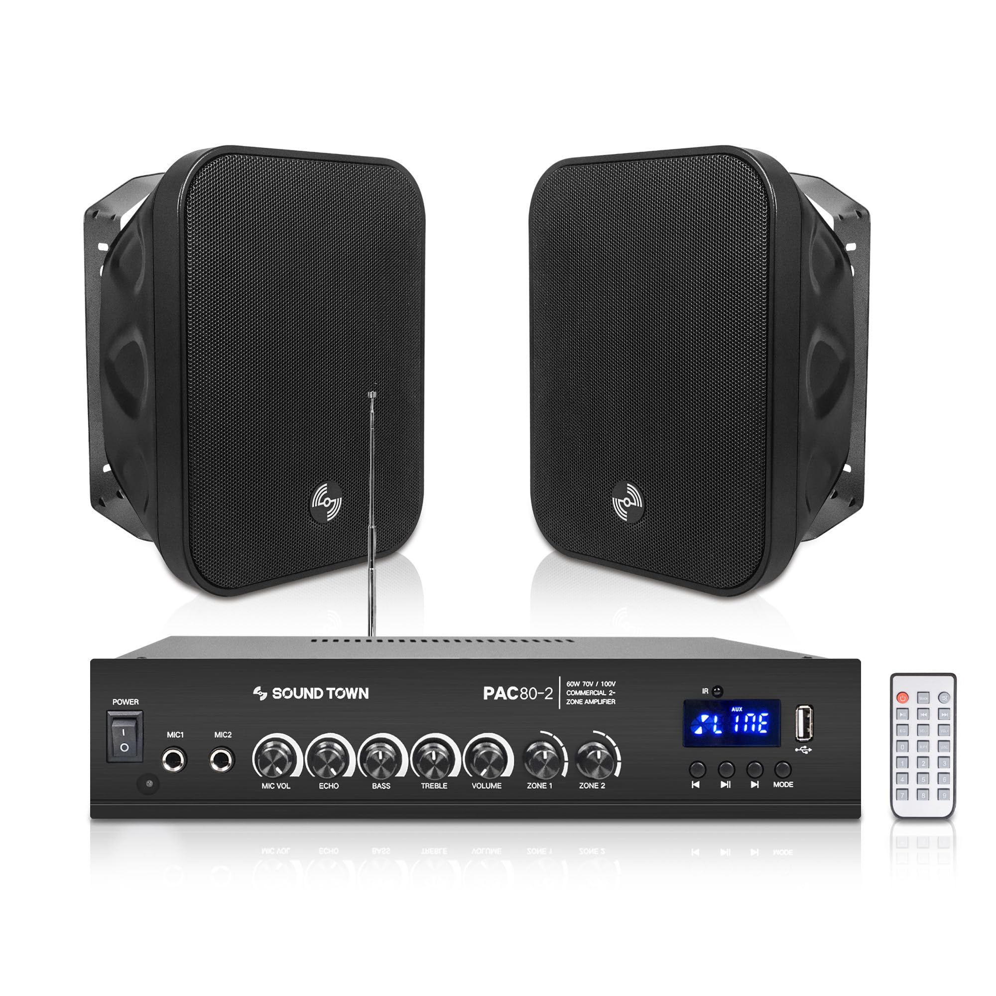 Sound Town Commercial Restaurant Bluetooth Amplifier + Surface-Mount Speaker Set, with One 2-Zone 70V/100V Amplifier with Bluetooth, 2 x 5.25-Inch Surface-Mount Speakers, Black (PAC80X2MS5B)