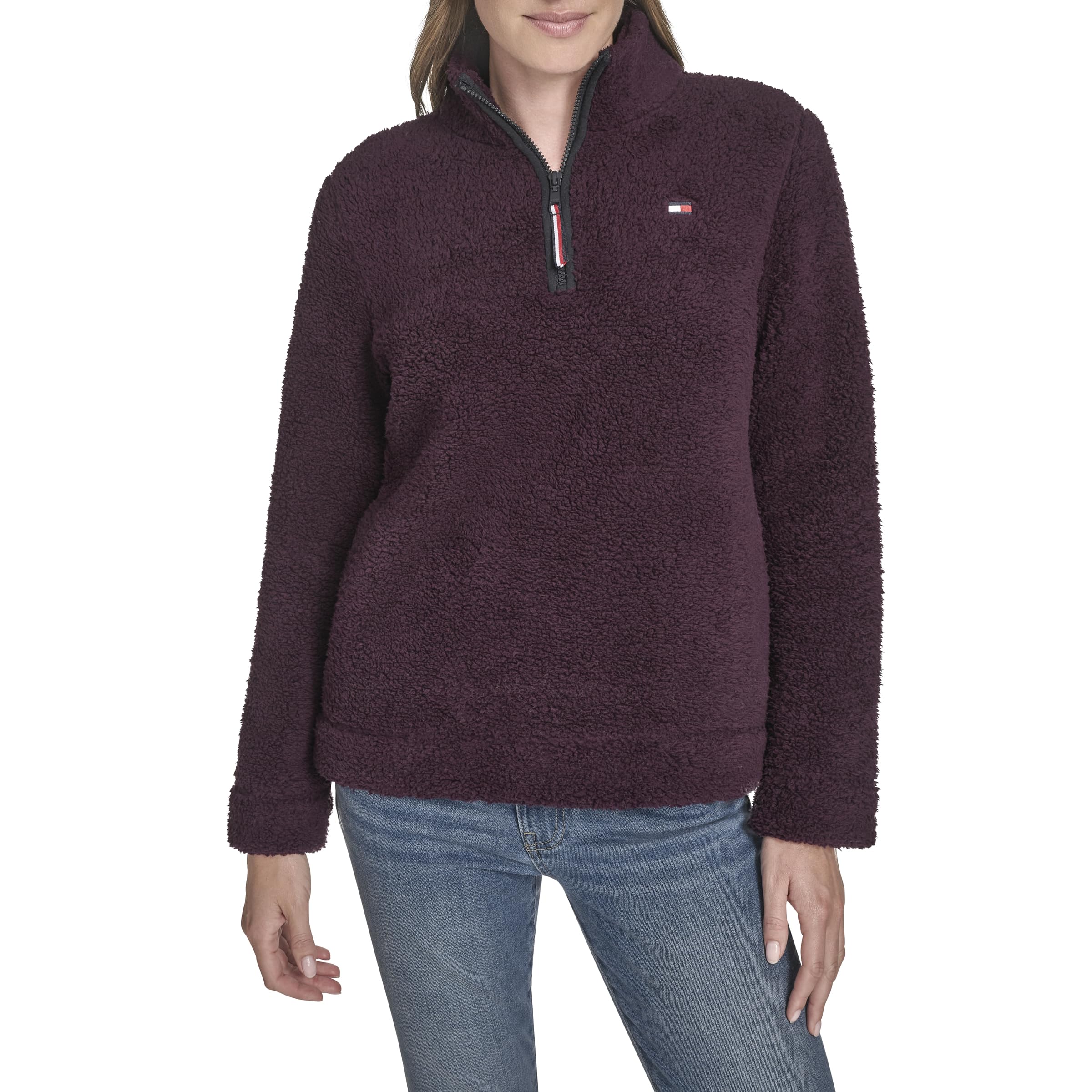 Tommy Hilfiger Women's 1/4 Zip Mockneck Sherpa Soft Pullover, Aubergine, S