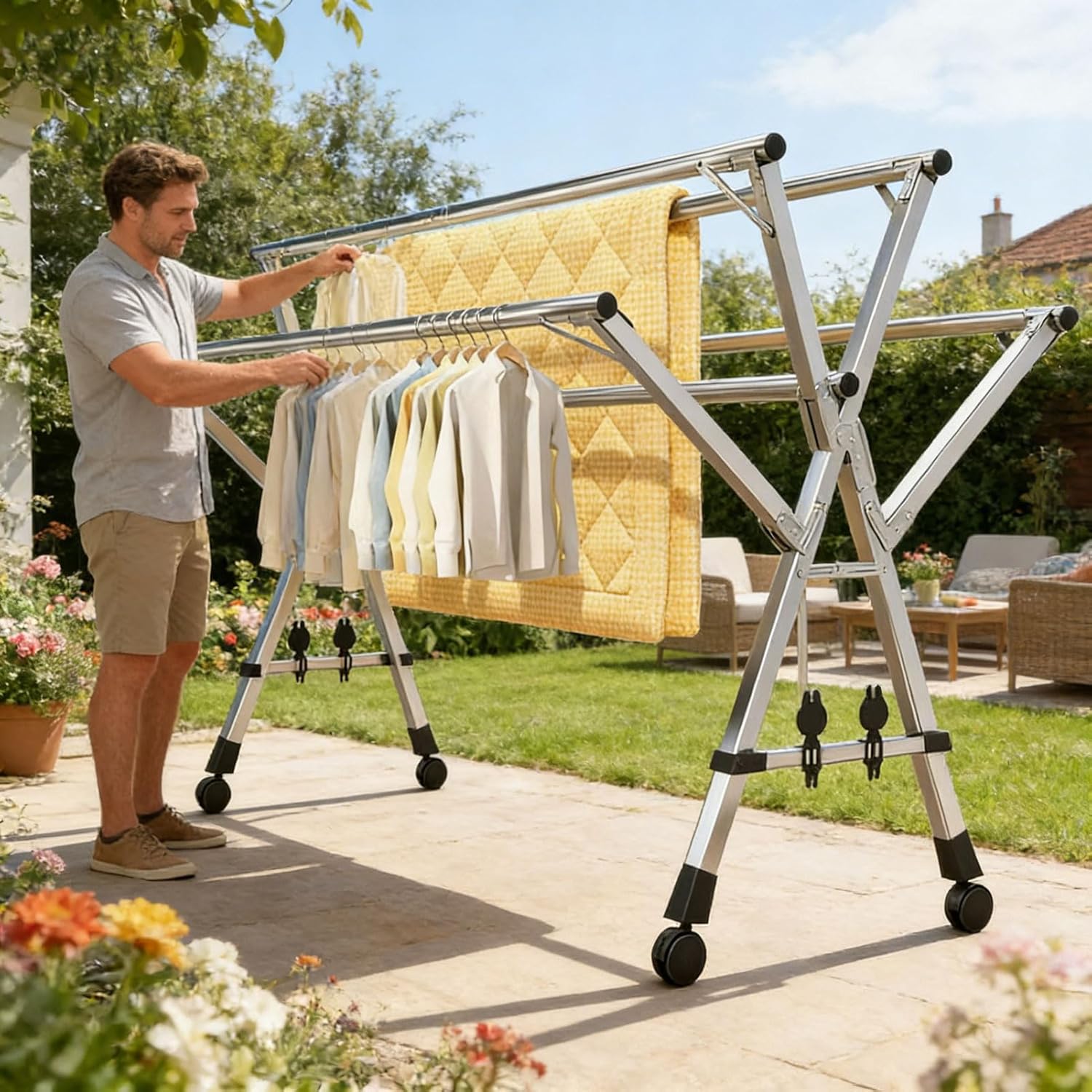 HUHJYUGE Stainless Steel Laundry Rack with Wheels, Clothes Drying Rack Foldable Heavy Duty, Outdoor Clothes Hanger Rack for Drying, Portable Garment Rack for Air Drying Clothing (200cm/78.7inch)