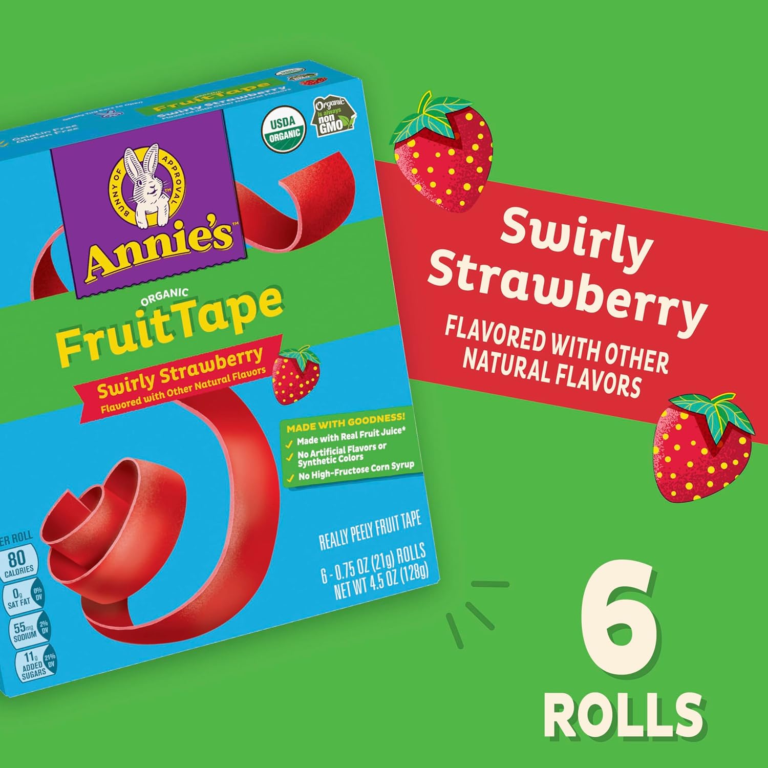 Annie's Organic Fruit Tape, Swirly Strawberry, Non-GMO and Organic Fruit Flavored Snacks, 6 Rolls, 4.5 oz (Pack of 8)