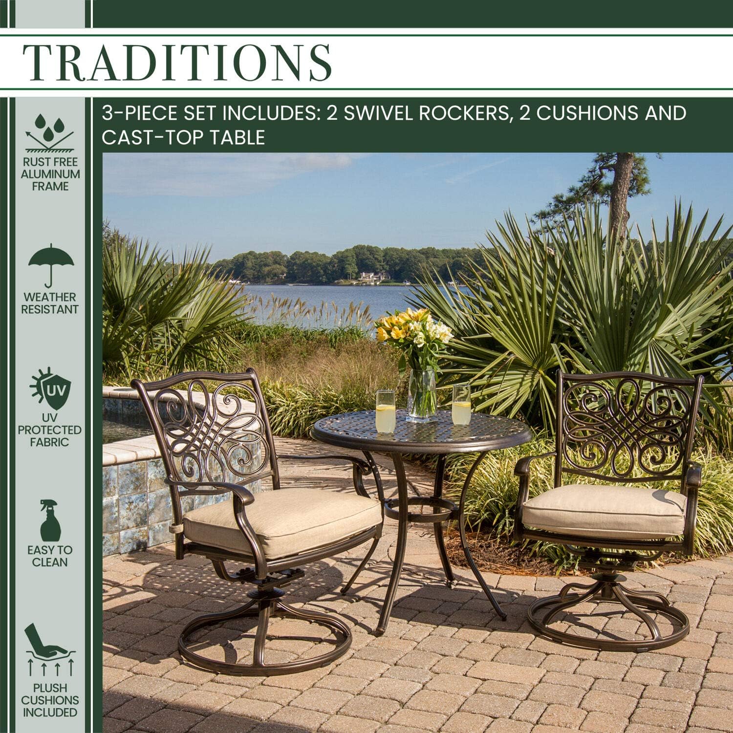 Hanover TRADITIONS3PCSW Traditions 3-Piece Aluminum Rust-Free Patio Bistro Set Outdoor Furniture, Size 1, Tan : Patio, Lawn & Garden