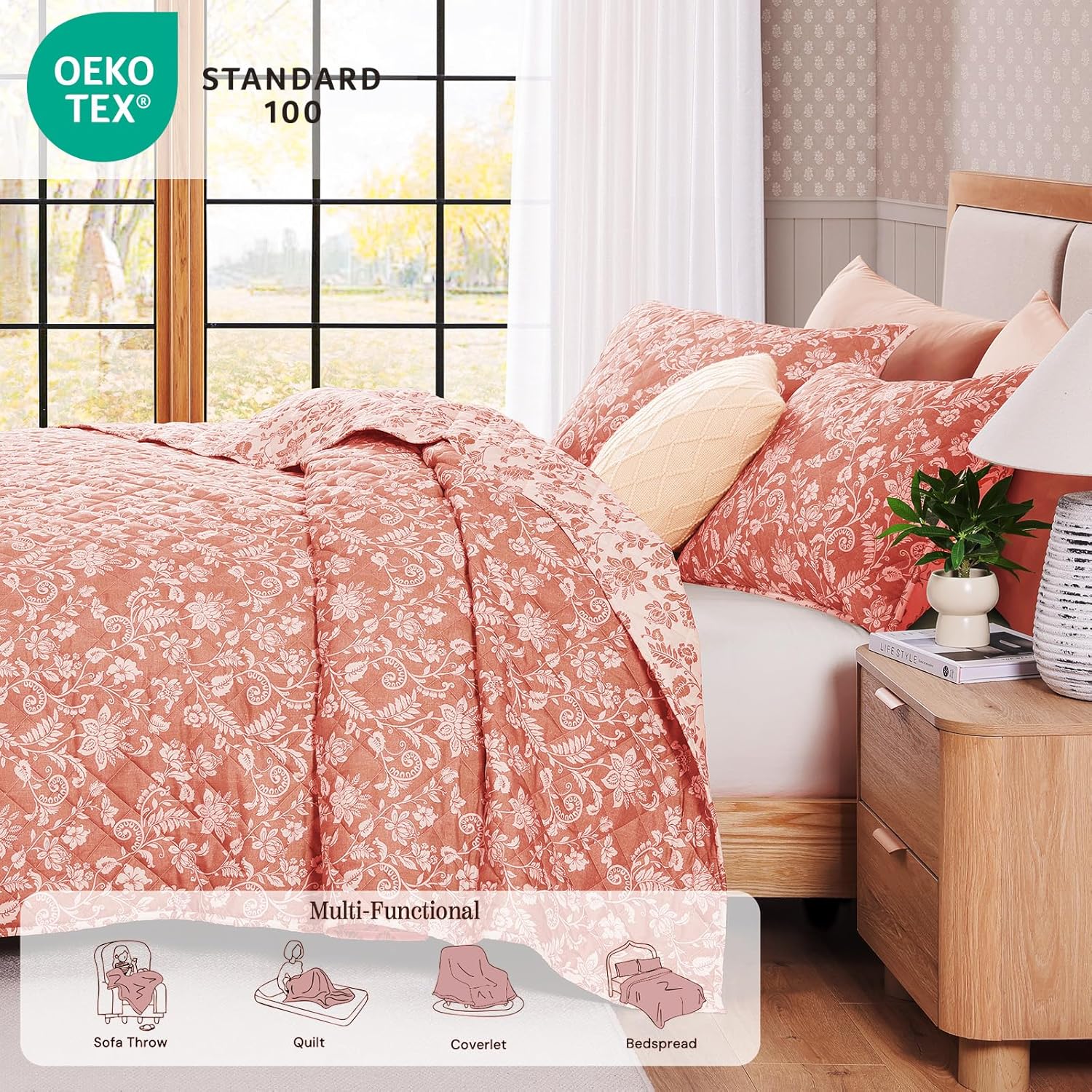 BLOOMHAVEN Quilt Set King Size, Clay Pink Floral Quilt Sets, Reversible Bedspread Lightweight and Breathable for All Seasons, Soft Quilted Bedspread with 2 Pillow Shams