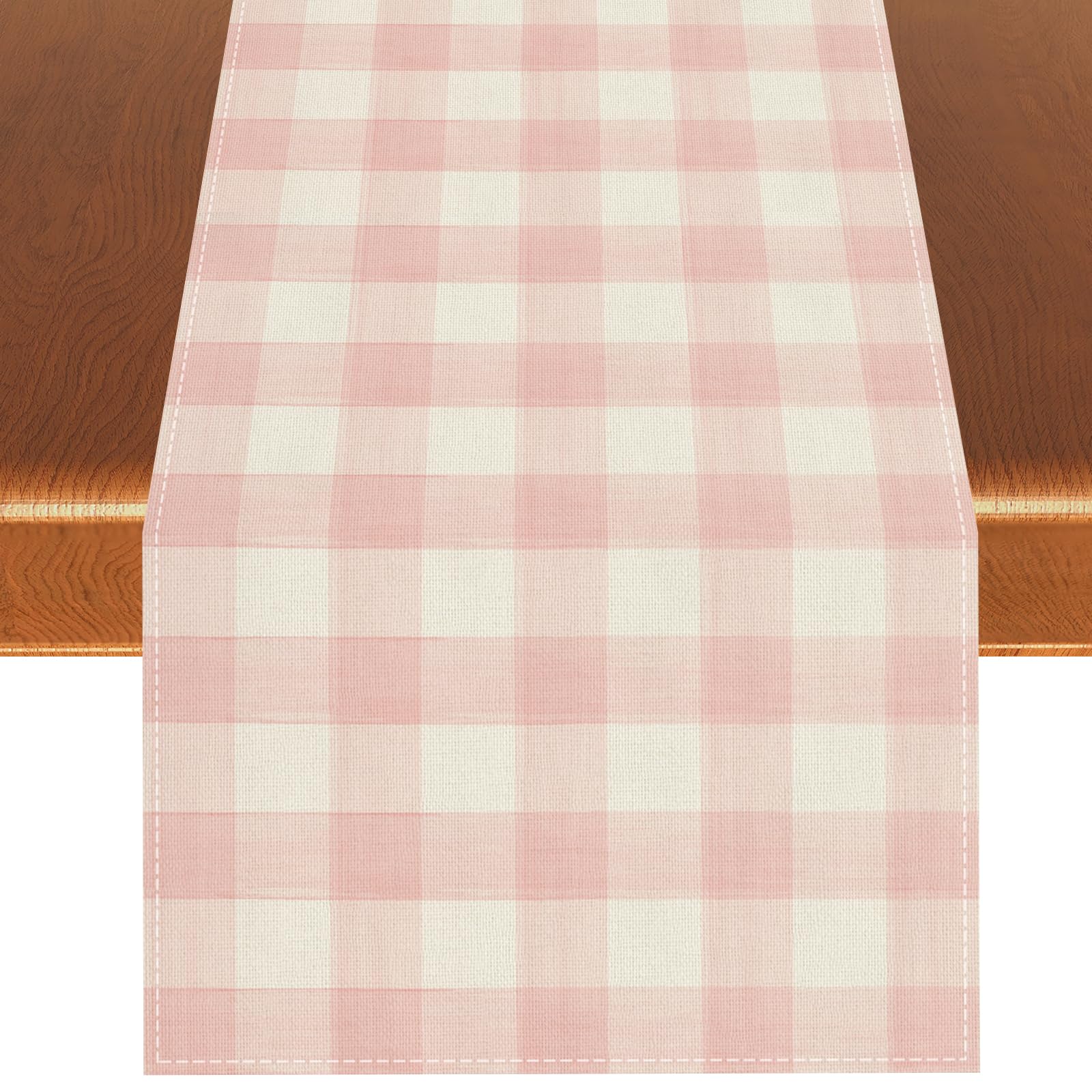 Watercolor Pink White Buffalo Check Plaid Table Runner Gingham Tablecloth Farmhouse Spring Summer Easter Home Kitchen Table Decorations-13×72''(Pink and White)