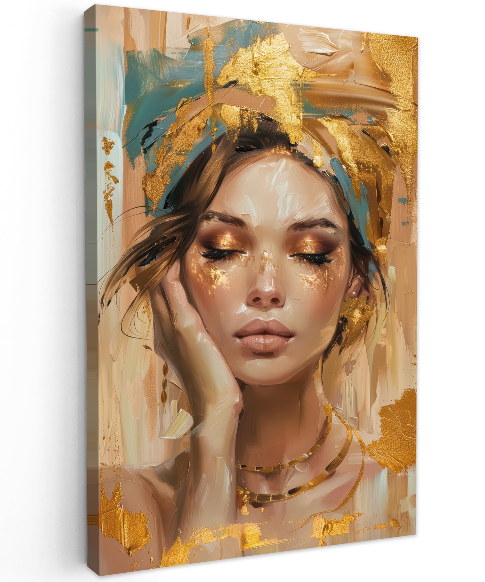 MuchoWow© Canvas Wall Art 24"x35" / 60x90 cm Decor Prints for Living Room Decorative Canvases Hall Artwork Woman - Portrait - Gold - Luxury — image 1