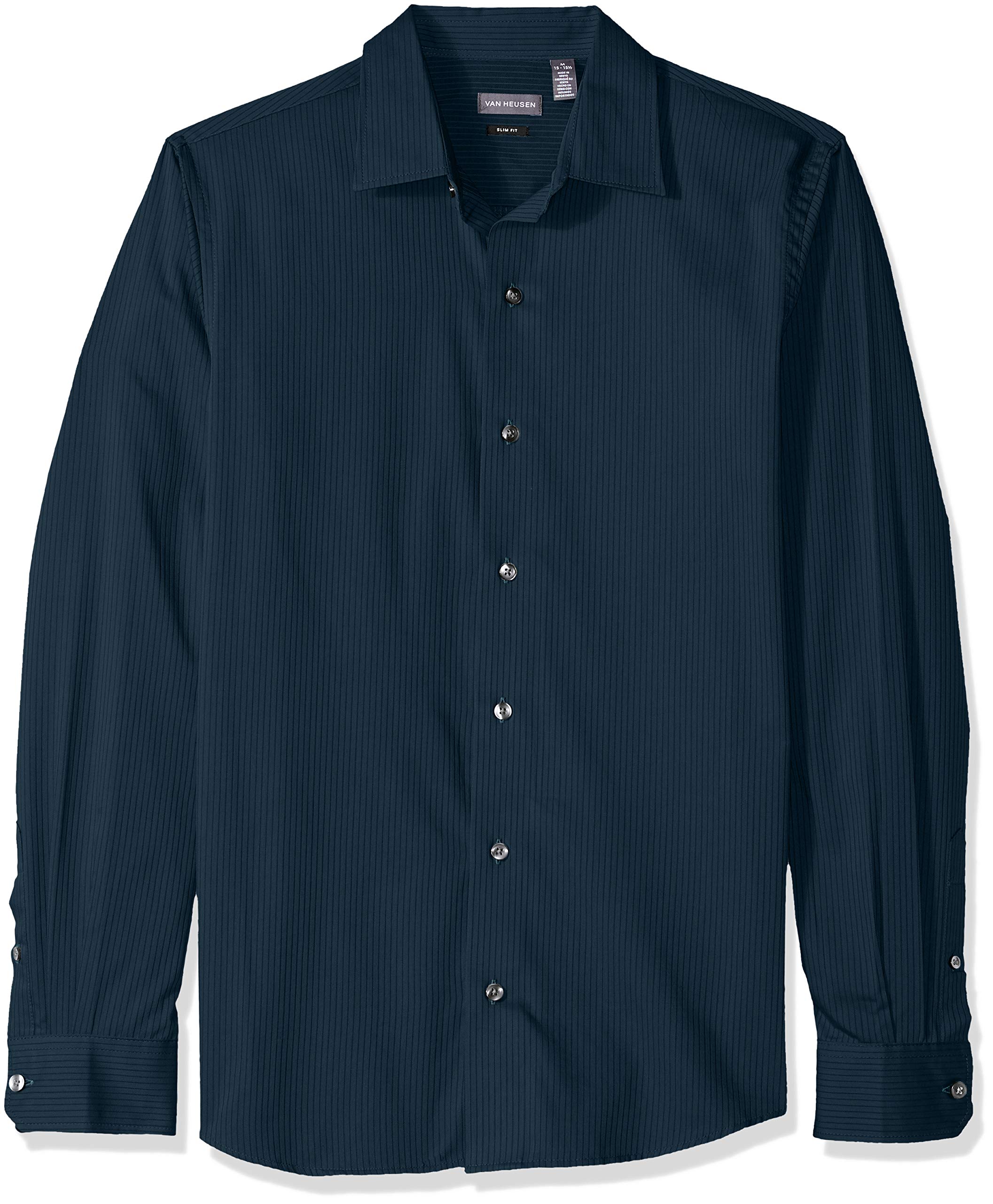 Van Heusen - Camiseta de manga larga para hombre, de satén, abotonada, diseño a rayas, ajuste entallado - Azul - Small Delgado