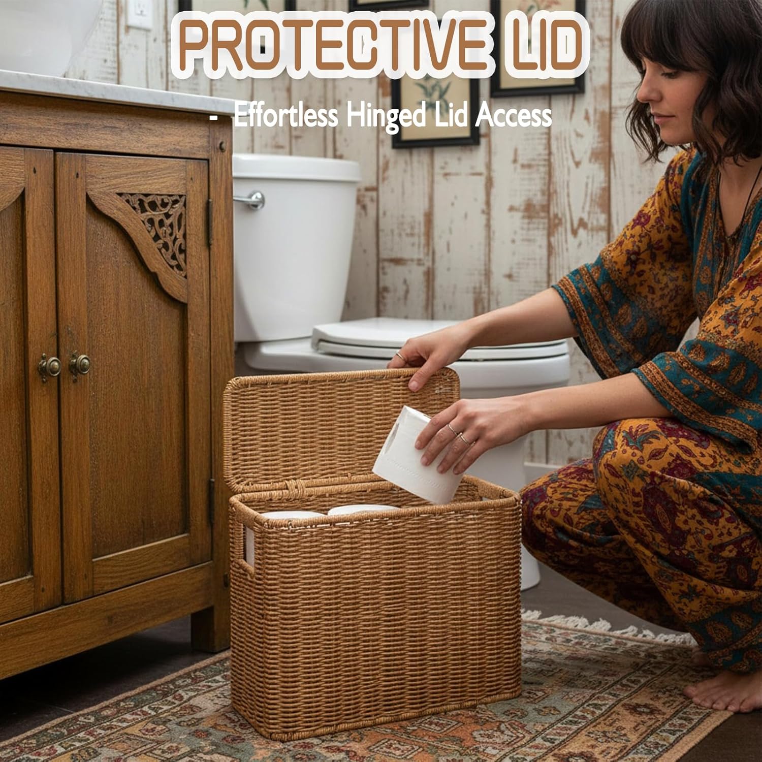 Toilet Paper Storage Basket with Lid and Handle, Slim Bathroom Organizer, Decorative Poly Rattan Wicker Storage Bin for Bathroom Towels, Toilet Paper, Laundry, Magazines