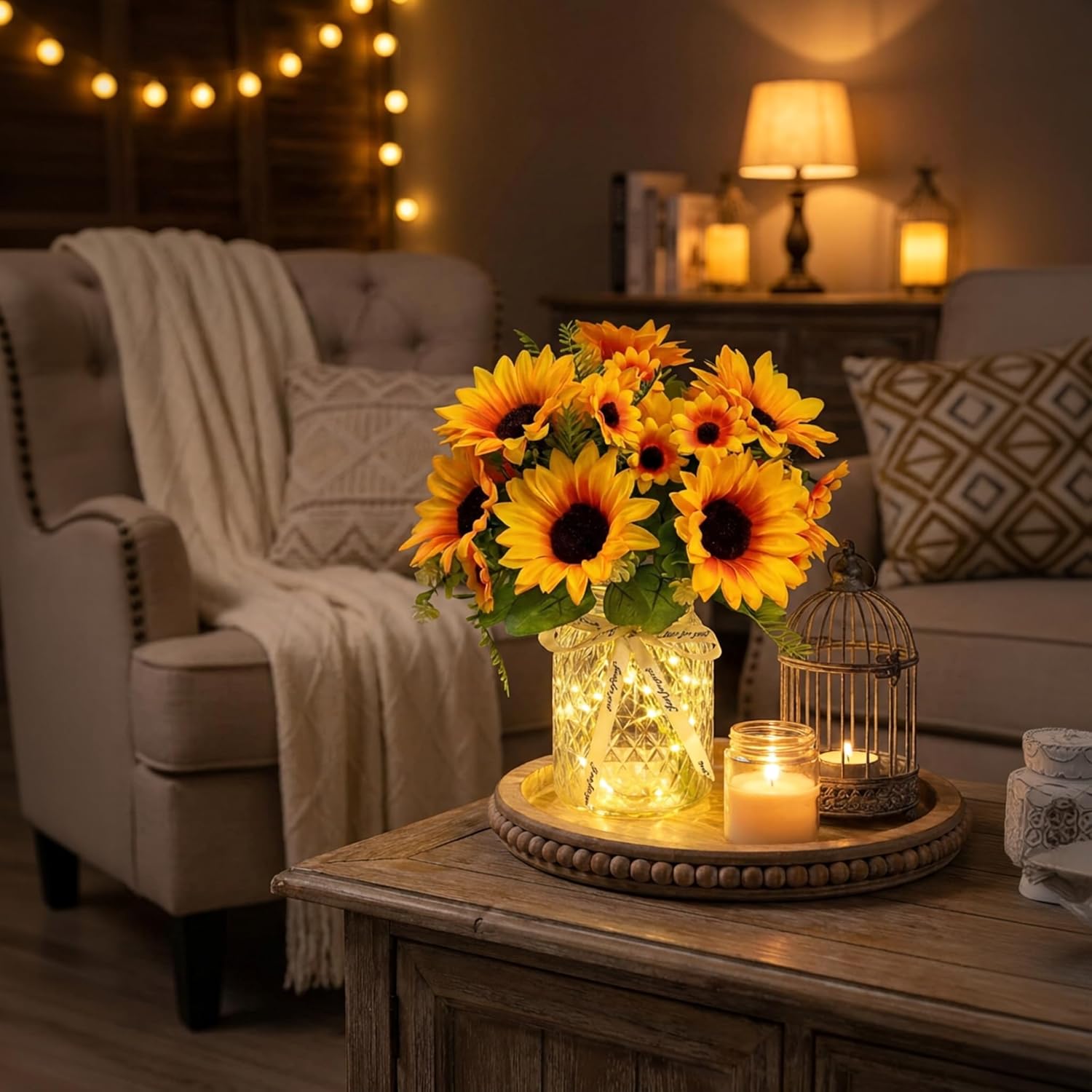 Fake Flowers in Vase with LED Lights, Sunflowers Artificial Flowers with Vase for Centerpiece Table Decorations, Faux Plant Silk floral arrangements for Rustic Home Coffee Kitchen Dining Decor Gift