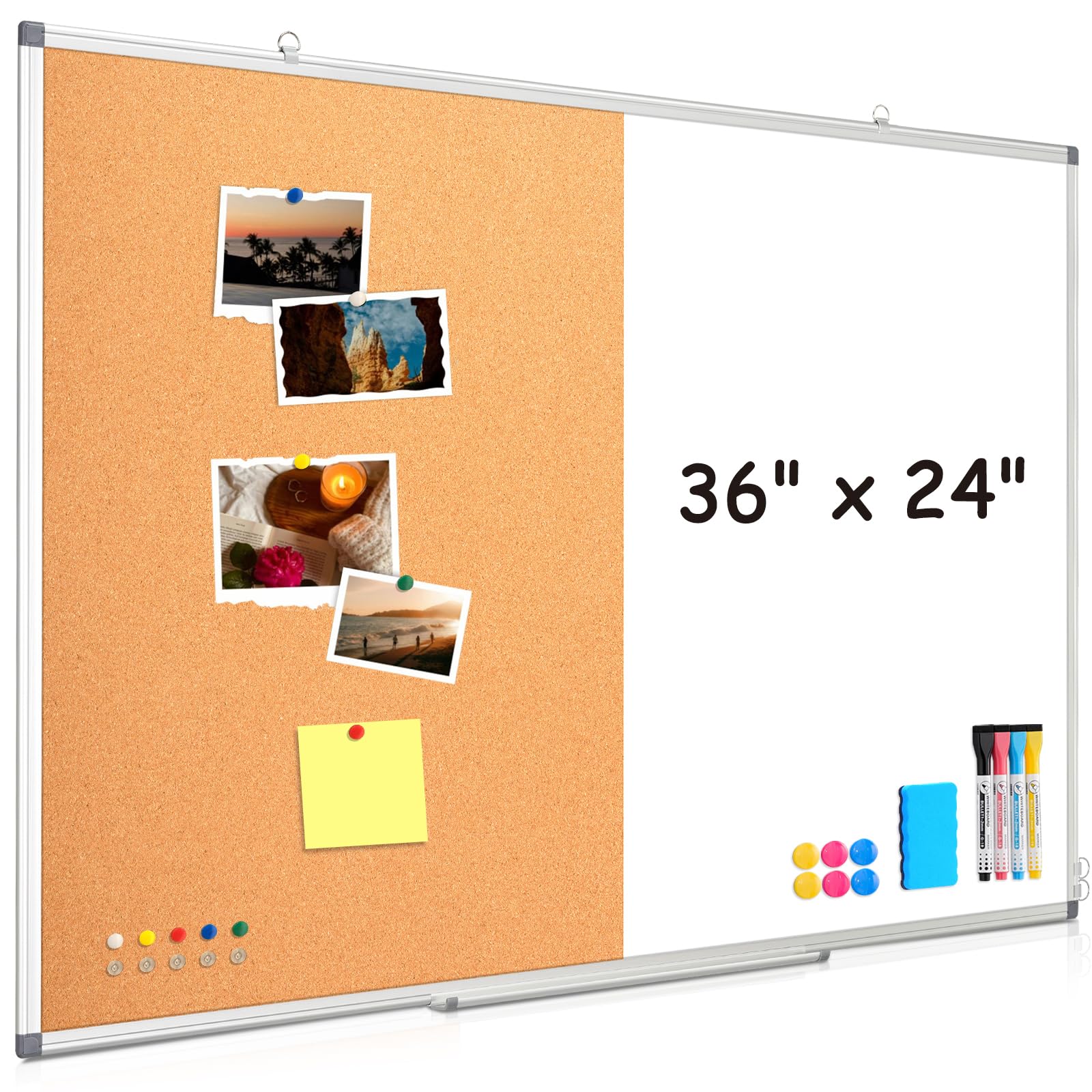 BOARD LINE Tablica kombinowana 91 x 61 cm, tablica suchościeralna i korkowa z aluminiową ramą, 10 pinezek