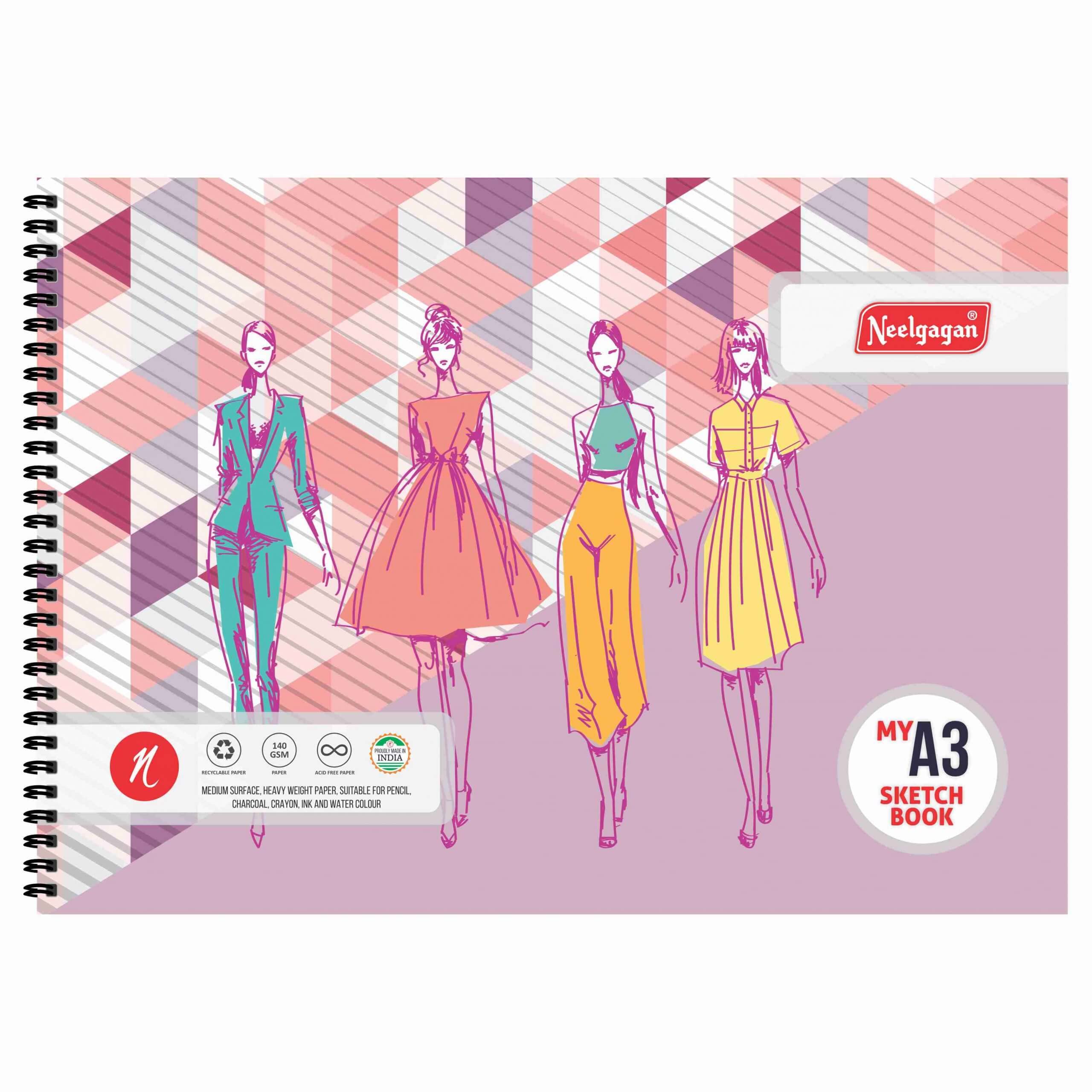 NEELGAGAN My Sketch Book A3 (40+40 Sheets with Cartridge Butter Paper) (Twin Wiro Bound) (White Cartridge 140 GSM) 29.7cm X 42cm (40 Sheets) Pack of 2