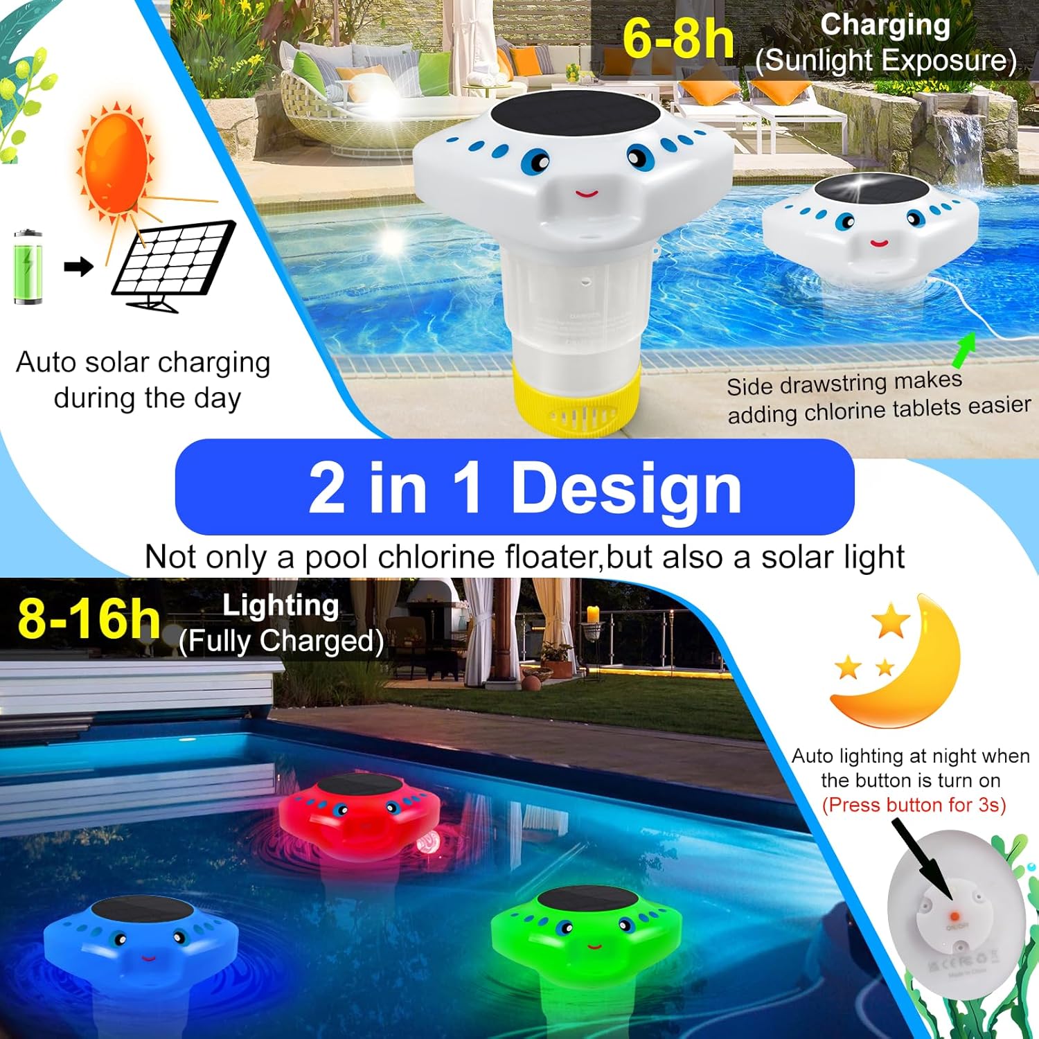 Chlorine Tablet Floater,Pool Chlorine Floater with Solar Light,Floating Chlorine Dispenser Large Capacity Bromine Holder Fits 3 inch and 1 inch Chlorine Tablets for Large and Small Pools Hot Tub Spa