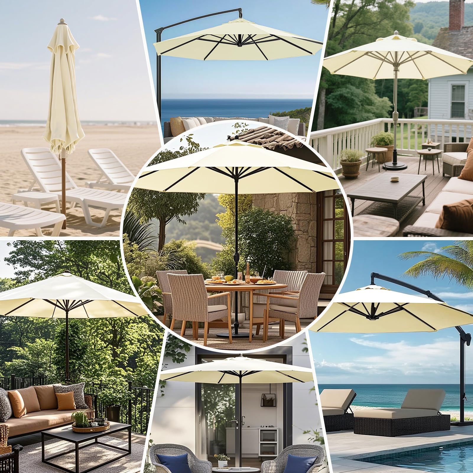 Sonnenschirm Ersatzbezug 3m Durchmesser, 8 Streben, Beige | UV-Schutz & Strapazierfähig, Sonnenschirm Bezug, Gartenschirm Ampelschirm Ersatz Stoffbezug für Hof, Garten, Strand und Pool