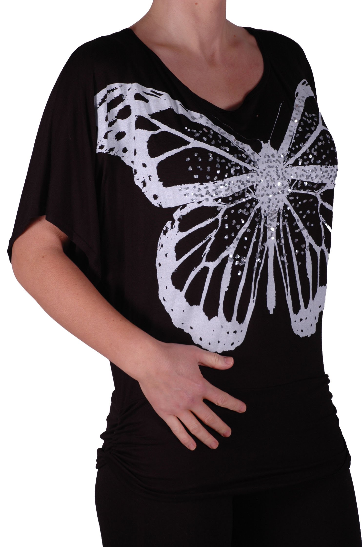 Eye Catch TM - Amoretta Ladies Boat Neck Batwing Graphic Butterfly Top One Size Black