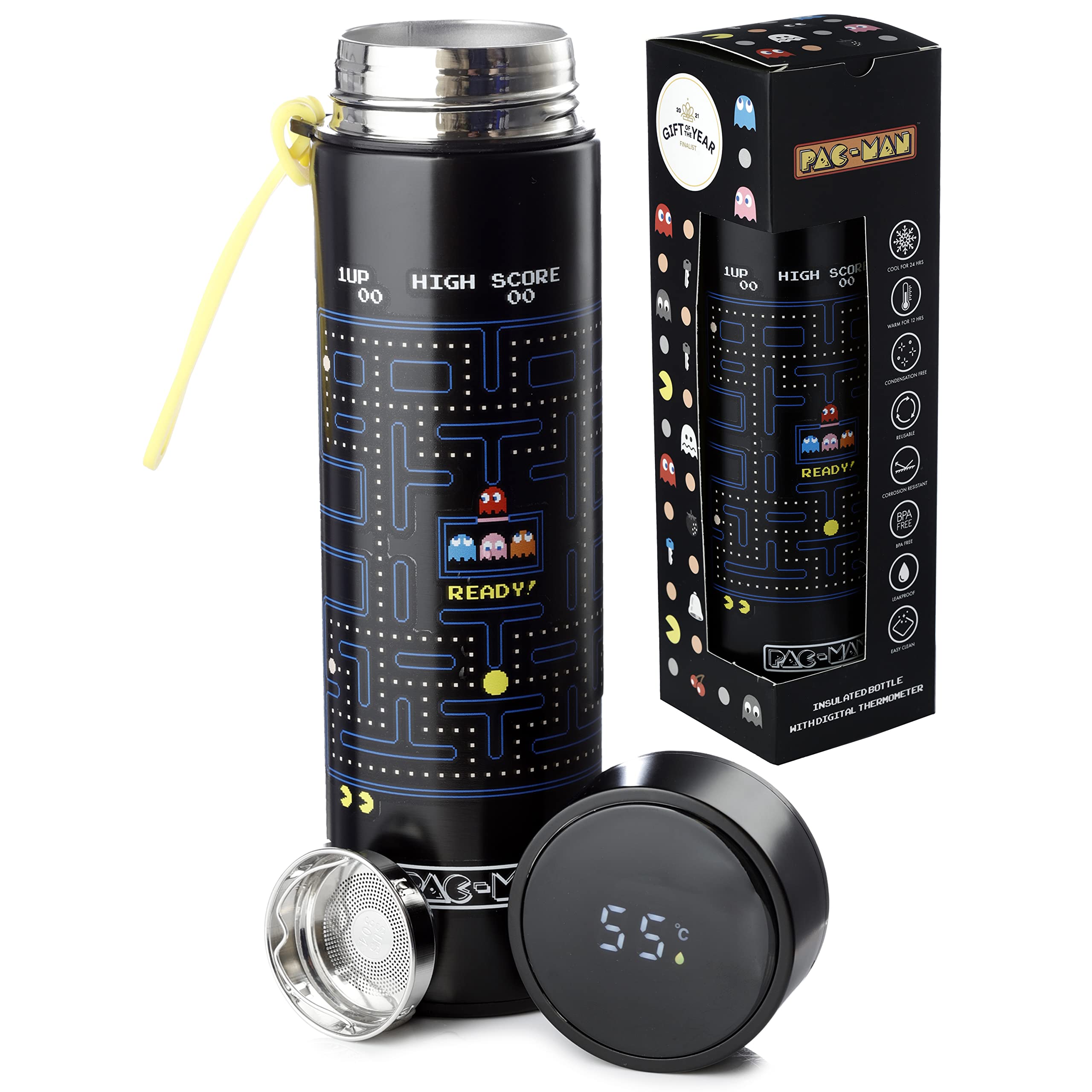 Puckator Pac-Man - Stainless Steel Water Bottle with Led Temperature Display - Cold for 24h and Hot for 12h - Metal Water Bottles with Video Game Design - Modern Thermos Flask - Bpa Free - 450 Ml
