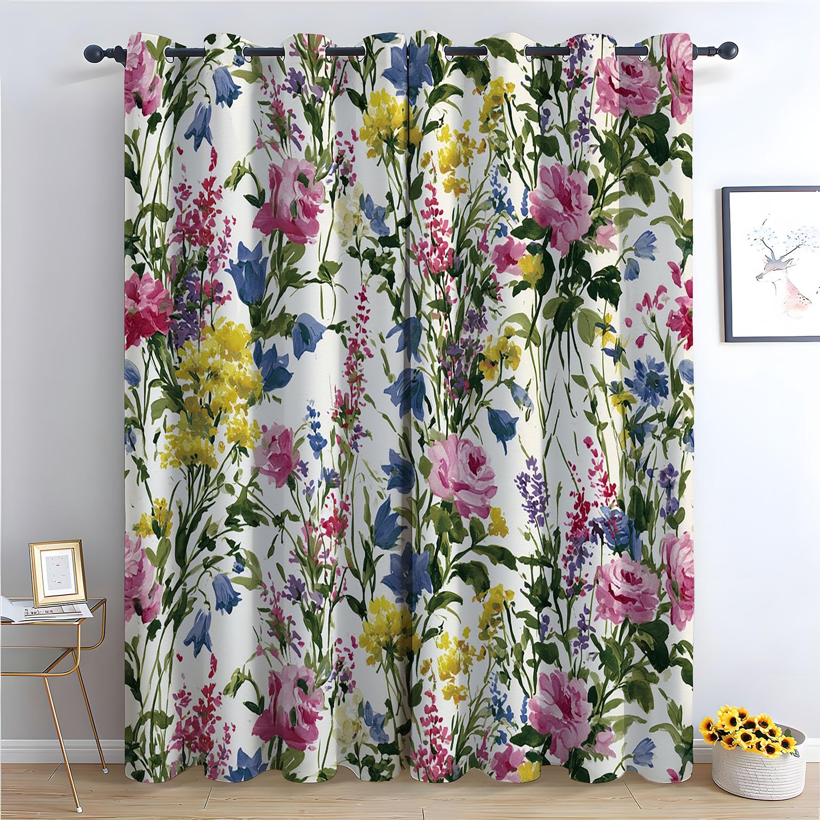 TERUEA Curtains for Decoration Watercolor wildflower mixed blossom Printed Design Home Decoration Thermal Insulated Blackout Window for Living Room-28 W x 63" L (Pack of 2)