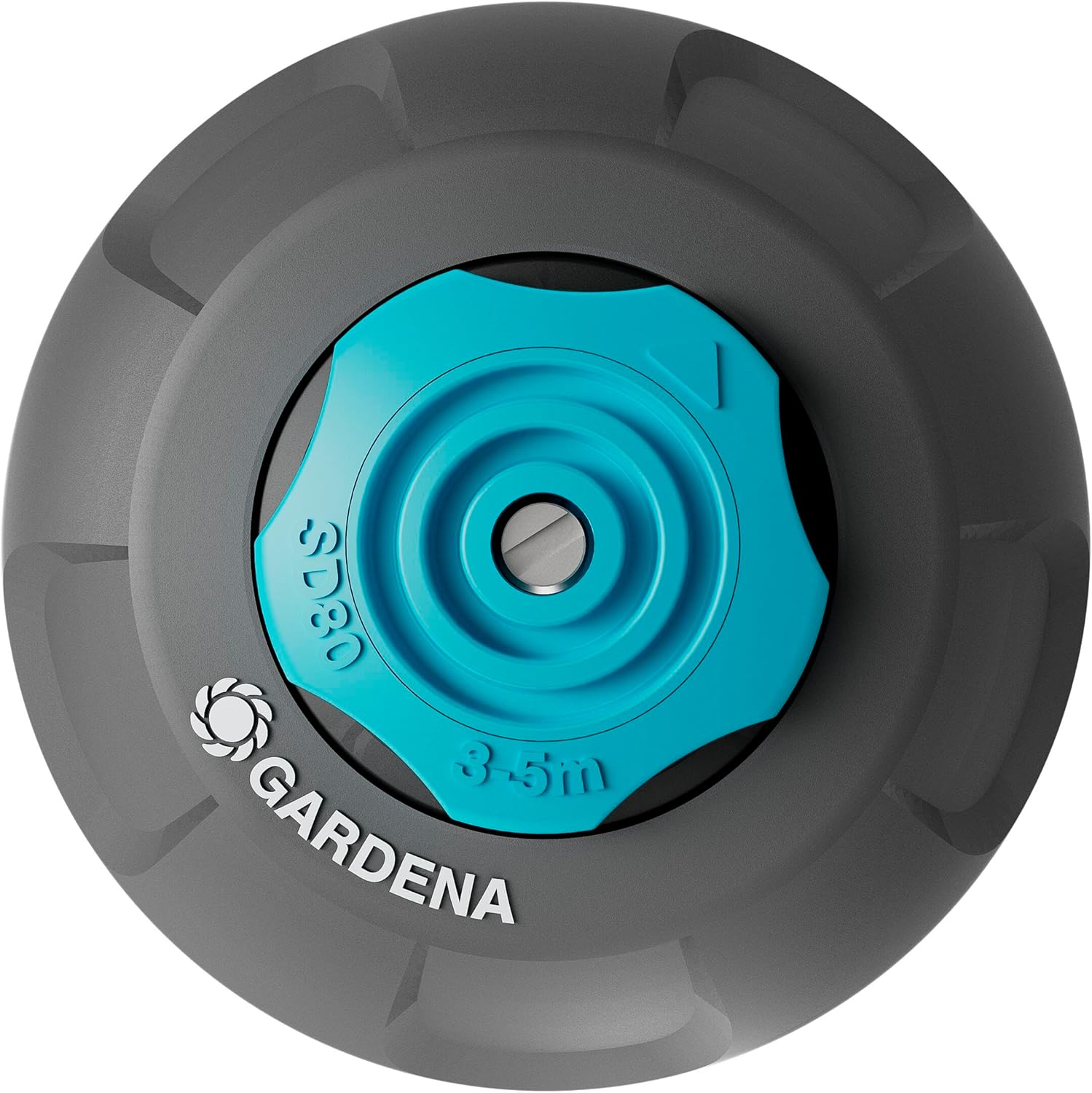 Multiple Gardena Pop-up Sprinklers SD80 irrigating a green lawn in a garden setting.