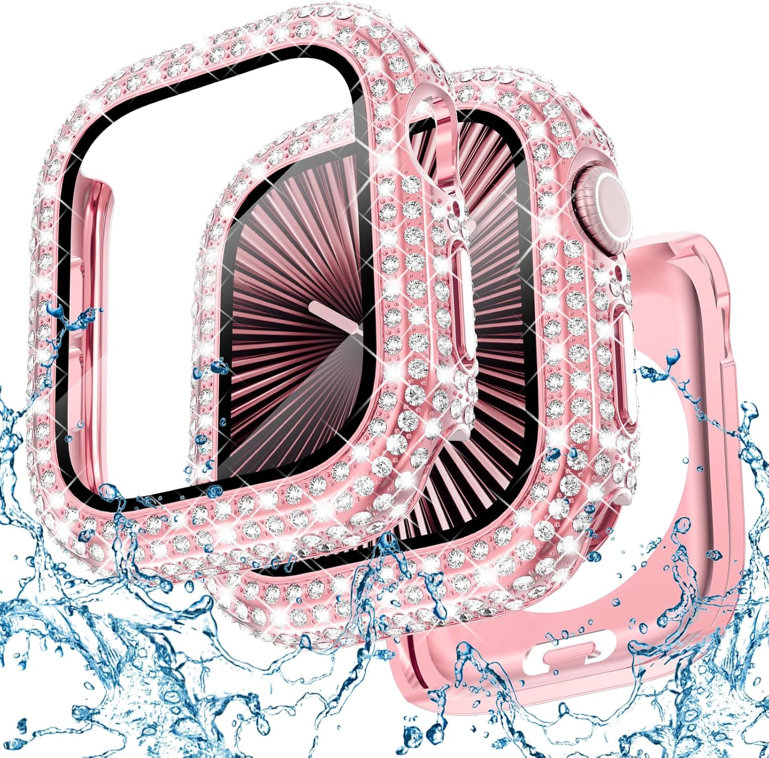 WINGLE 2-in-1 Waterproof Case for Apple Watch Series 11 10 46mm Screen Protector Case, Full Bling Diamond Protective Face Cover Apple Watch 11 10 46 mm Crystal Rhinestone Bumper iWatch Women, Pink