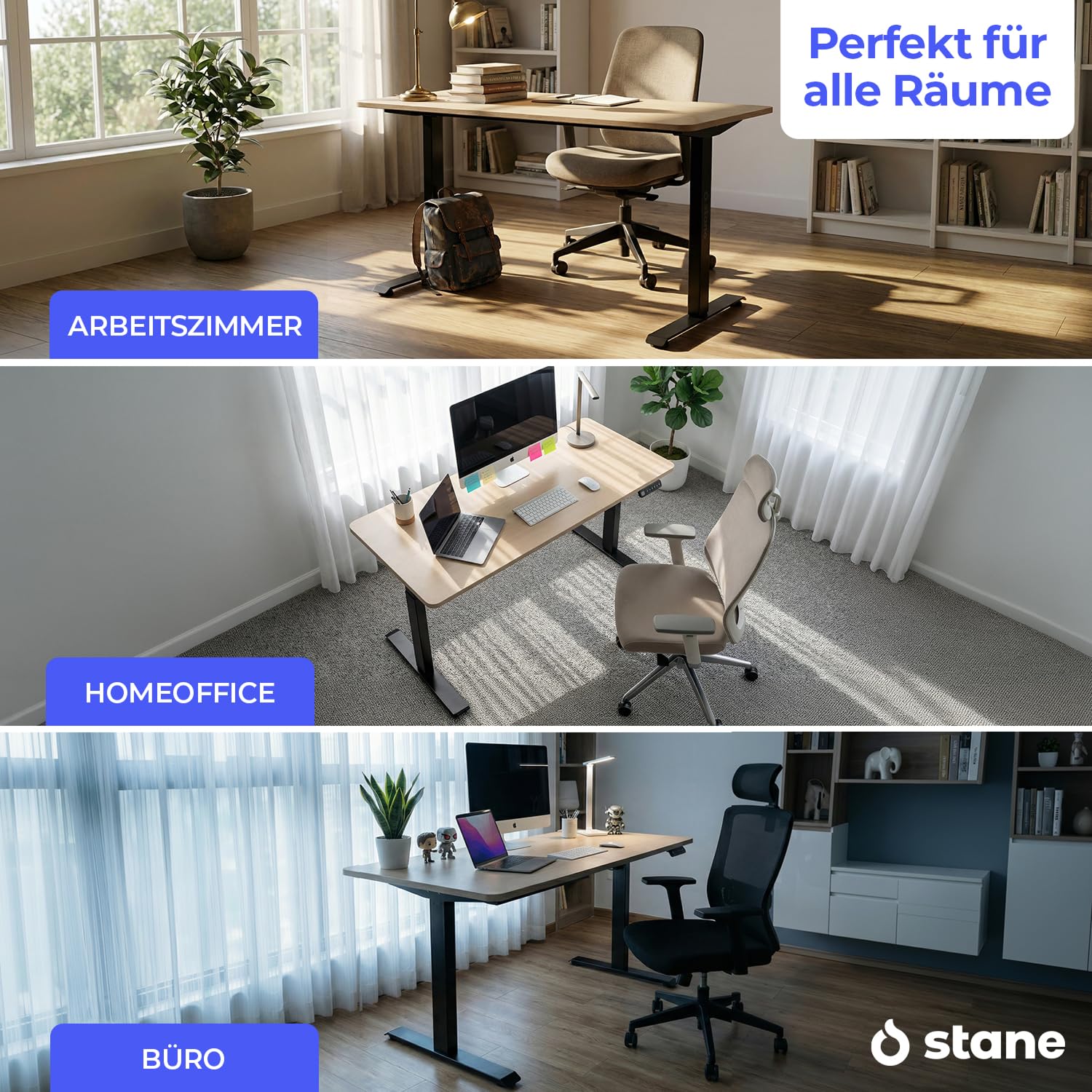 Stane Höhenverstellbarer Schreibtisch 160x80 – Elektrischer Bürotisch als Stehpult [4 Positionen] – Computertisch ideal für Homeoffice und Büro [Kabelkanal] – Eiche Schwarzes