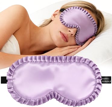 Silk Sleep Mask for Women 100% Mulberry Silk Eye Mask, Black Back Sleeping Mask for Light Blocking, Soft Wavy Edge Eye Cover and Adjustable Strap, Travel & Sleep Gift Purple