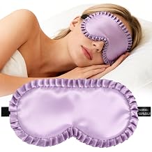 Silk Sleep Mask for Women 100% Mulberry Silk Eye Mask, Black Back Sleeping Mask for Light Blocking, Soft Wavy Edge Eye Cover and Adjustable Strap, Travel & Sleep Gift Purple