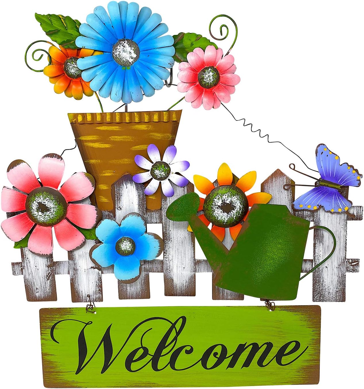 Hanna's Handiworks Welcome Metal Flowers Bugs Sign Wreath for Wall Front Door Fence Display Home Office Multicolor Rustic Decor 17inch x 16inch (Multicolor Flowers & Butterfly)